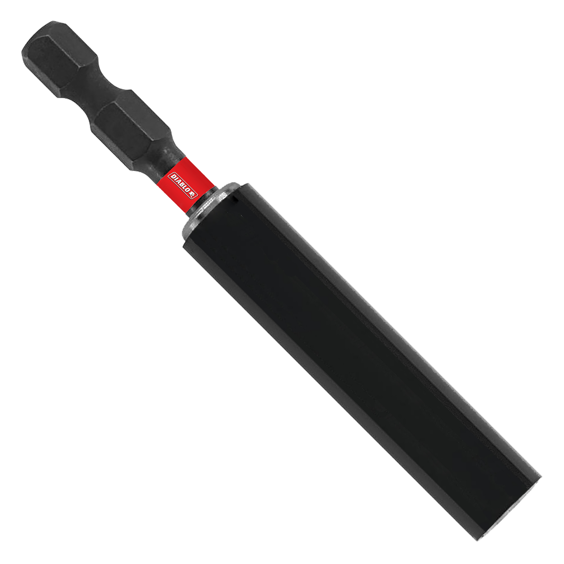 Black Diablo drive guide with red band and hexagonal bit attachment on white background.