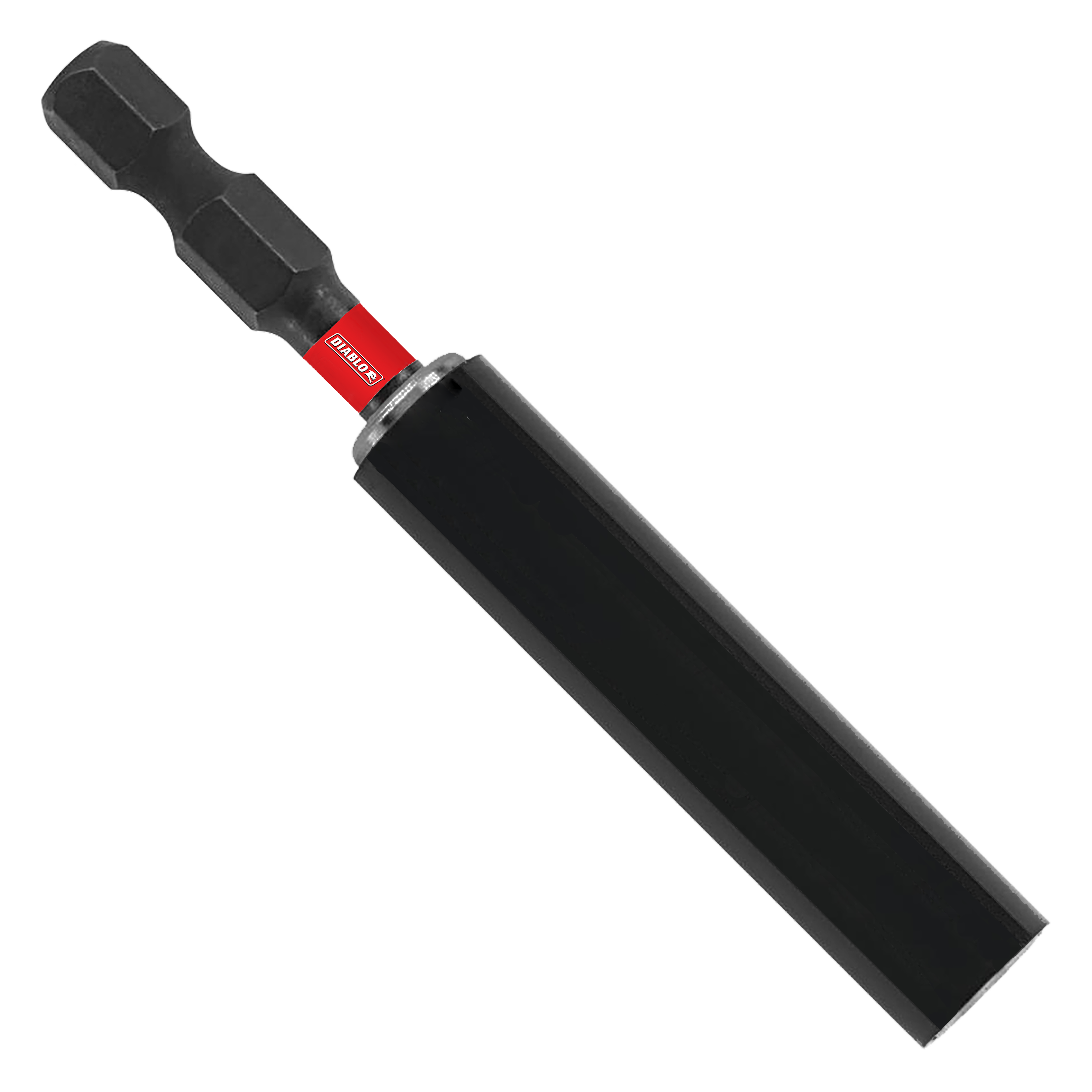Black Diablo drive guide with red band and hexagonal bit attachment on white background.