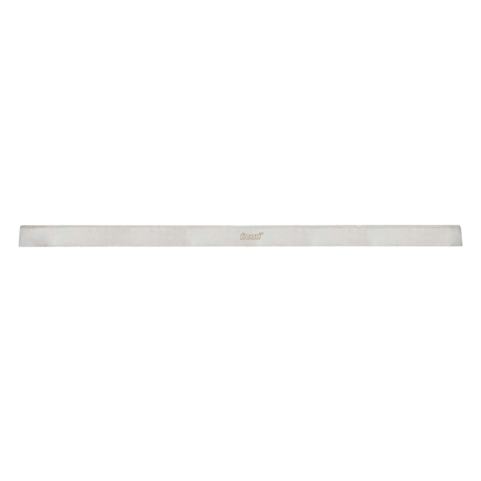 Long rectangular high-speed steel planer knife blade with Freud branding stamped on surface.