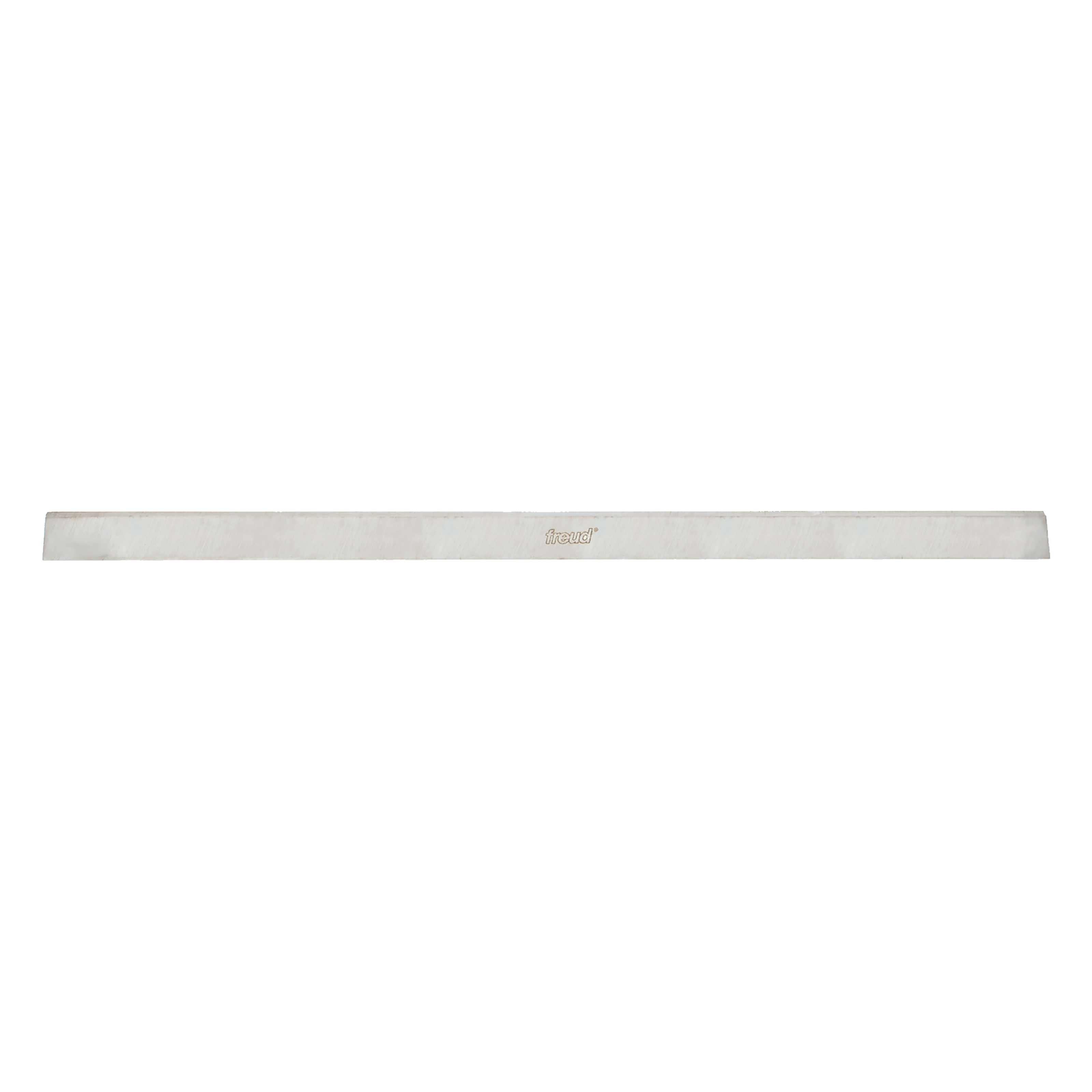 Long rectangular high-speed steel planer knife blade with Freud branding stamped on surface.