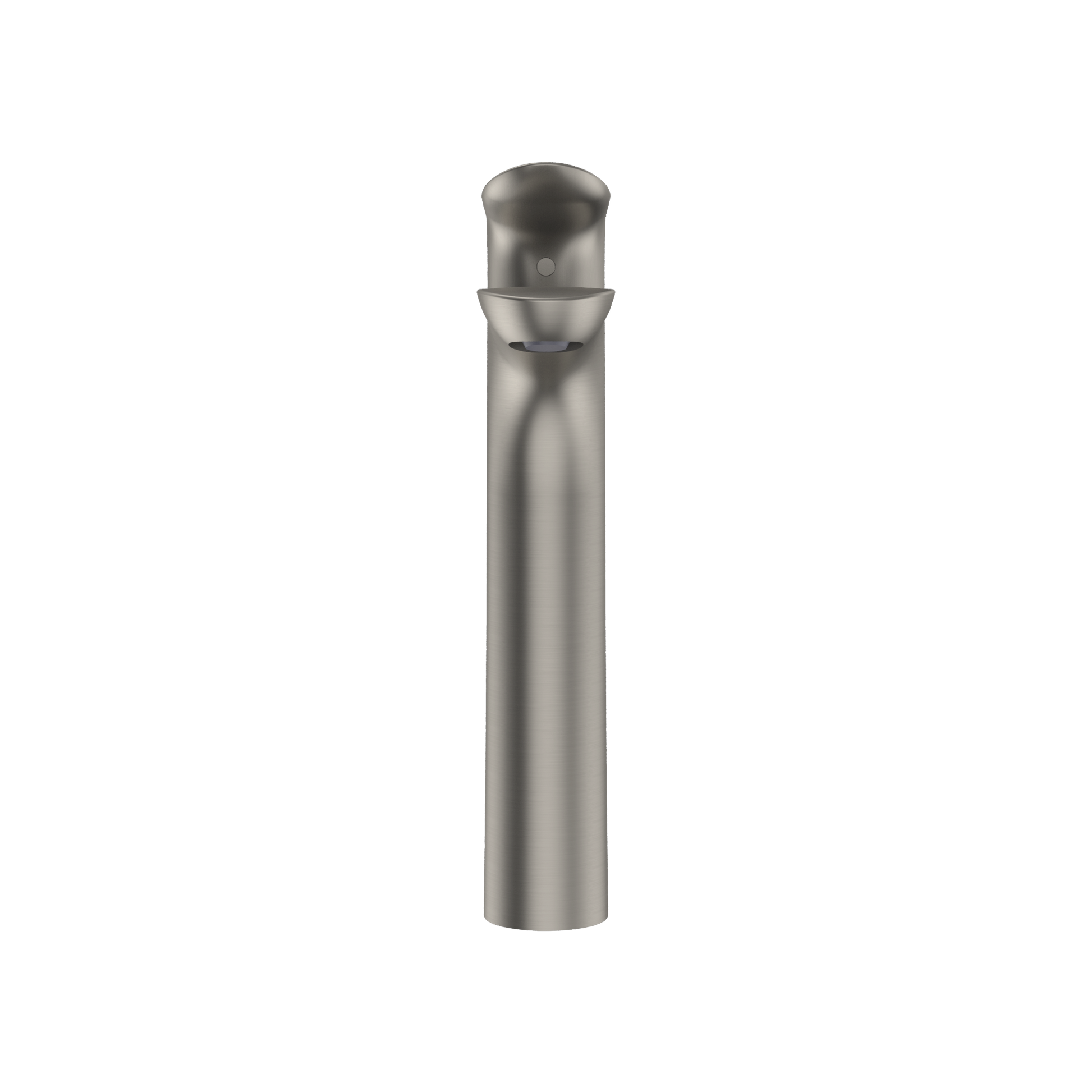 Brushed nickel single-handle vessel faucet with tall cylindrical spout and rounded top.