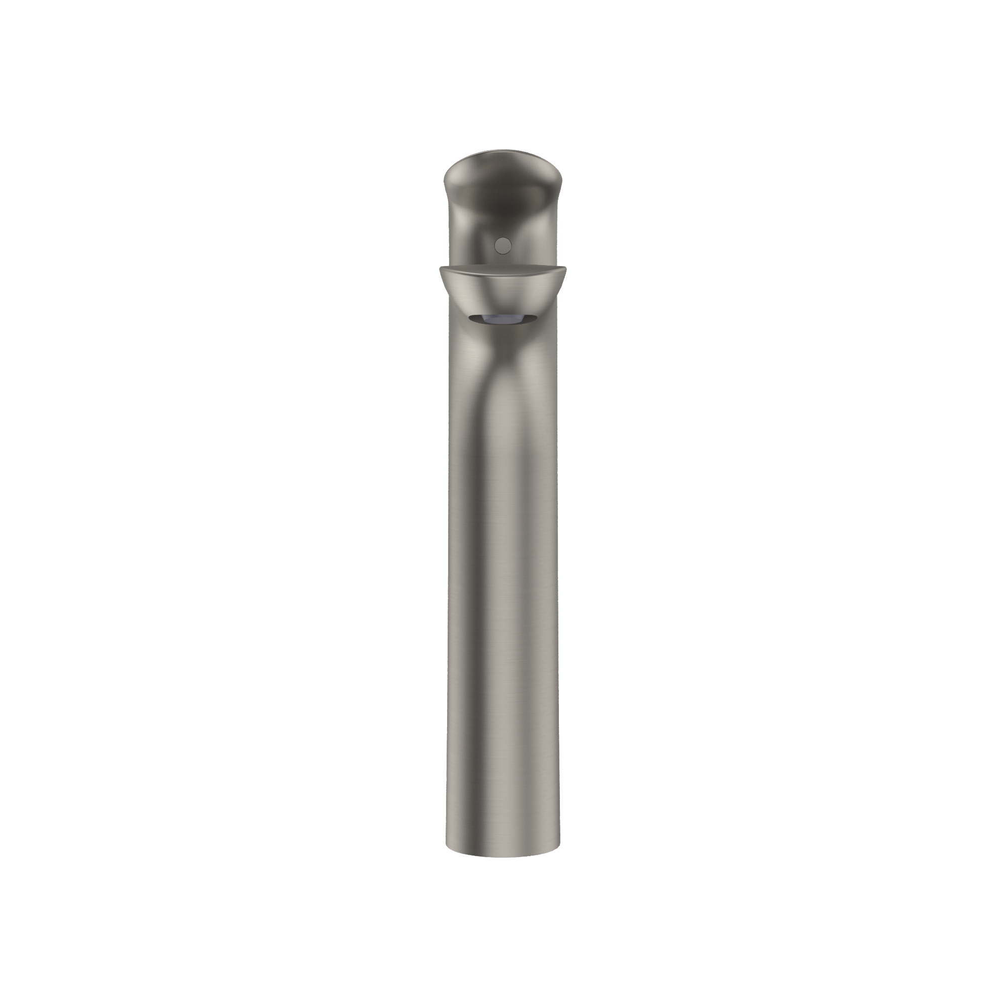 Brushed nickel single-handle vessel faucet with tall cylindrical spout and rounded top.