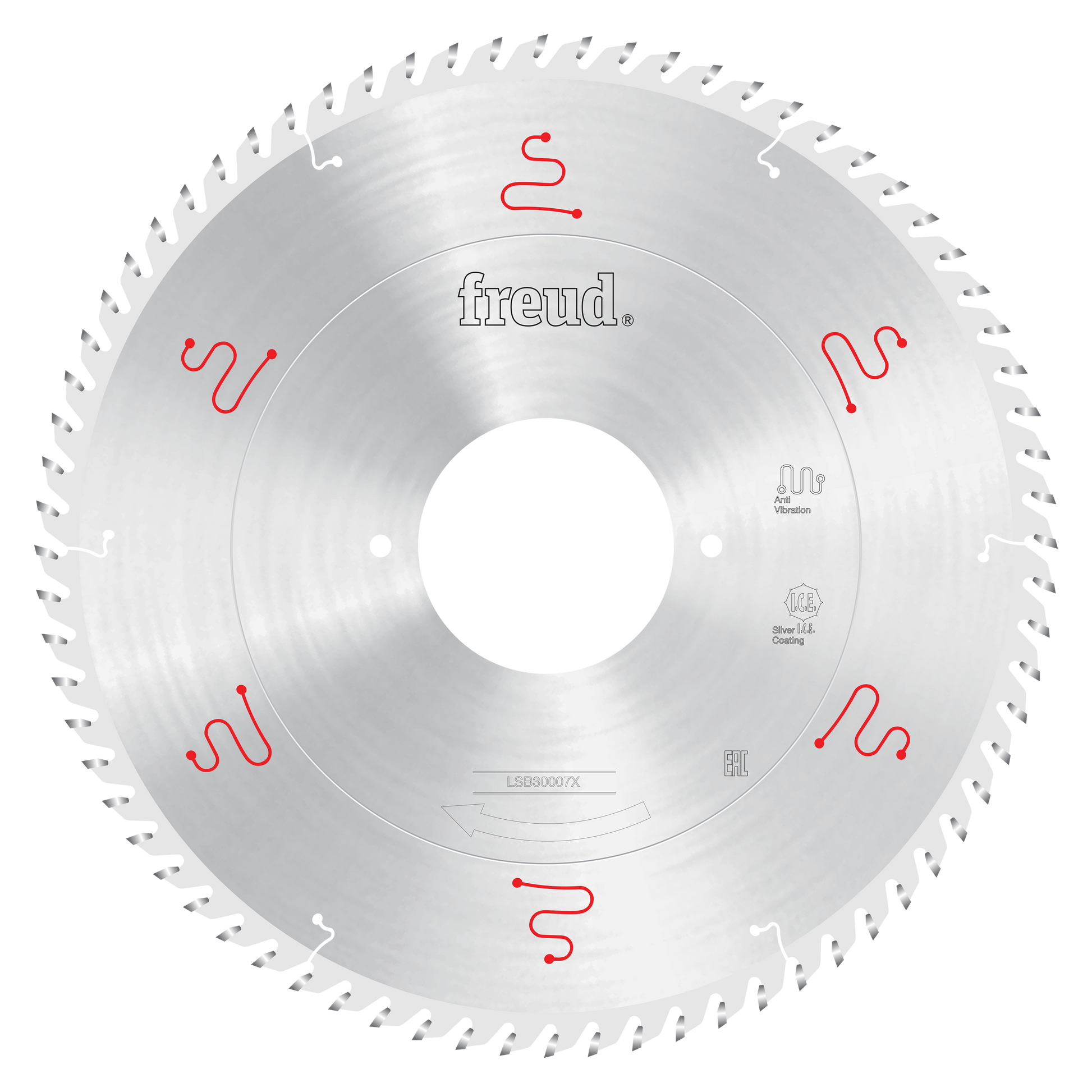 Freud 300mm circular saw blade with silver body, multiple teeth around perimeter, and red product markings on face.