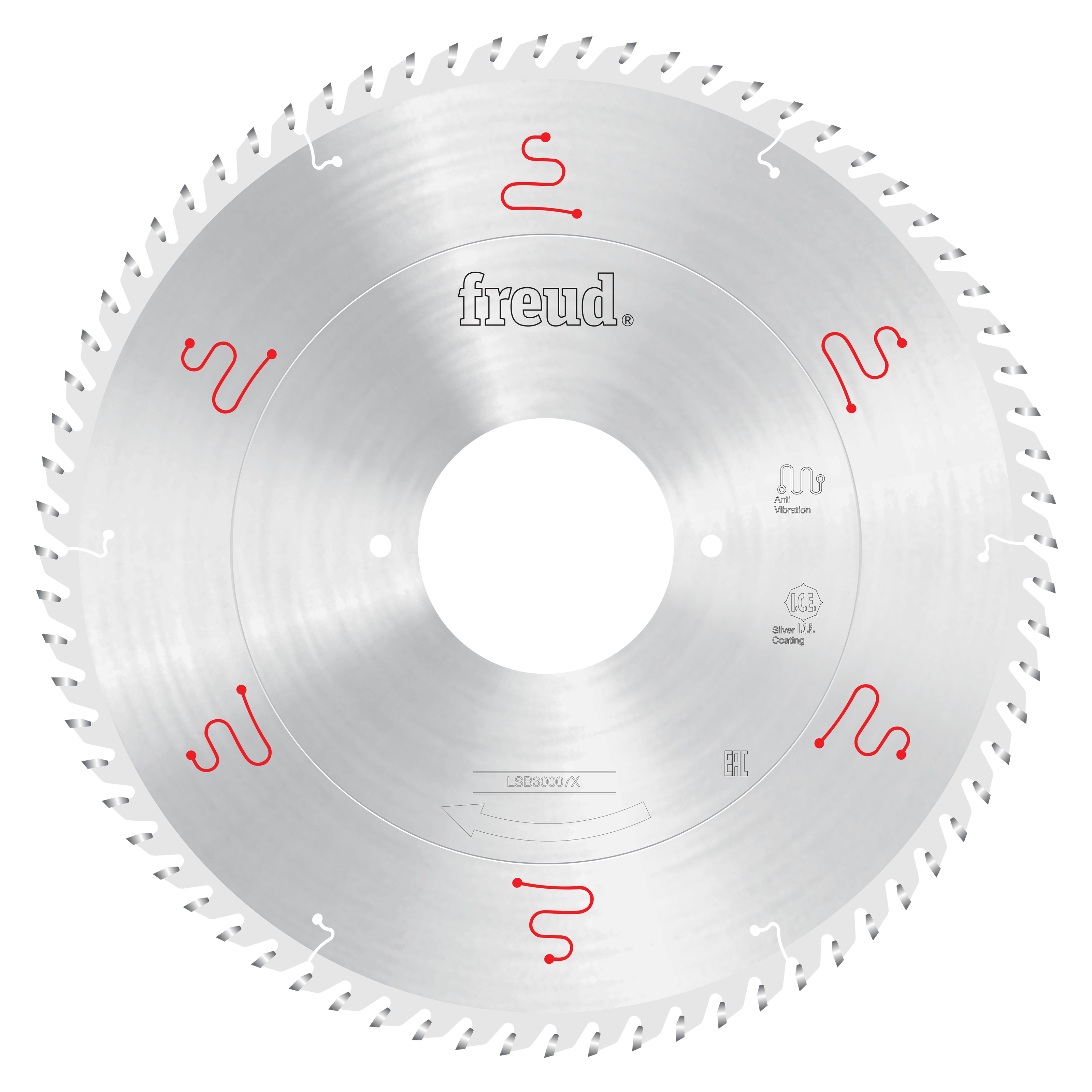 Freud 300mm circular saw blade with silver body, multiple teeth around perimeter, and red product markings on face.