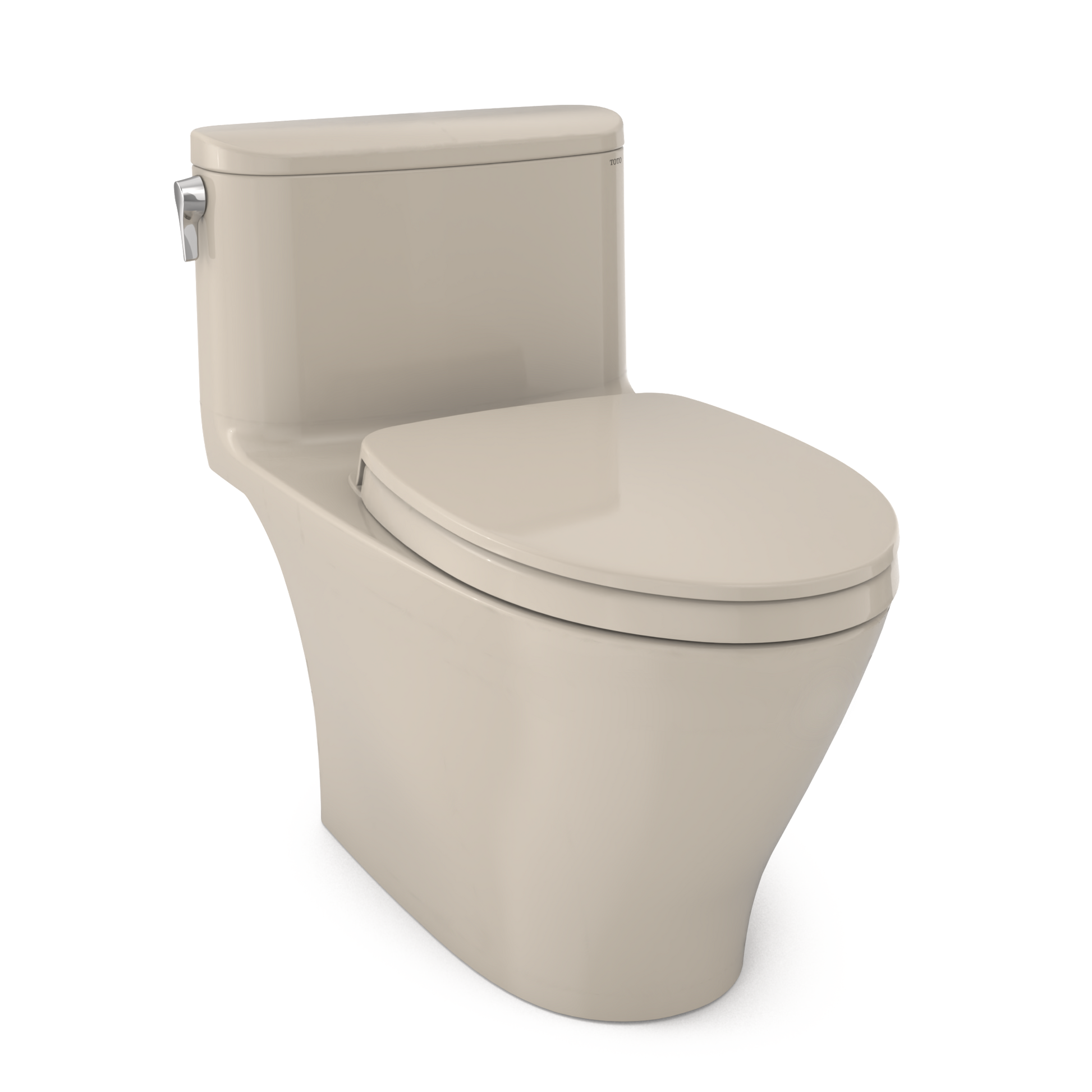 Bone-colored one-piece elongated toilet with soft-close seat and integrated tank, shown from angled front view.