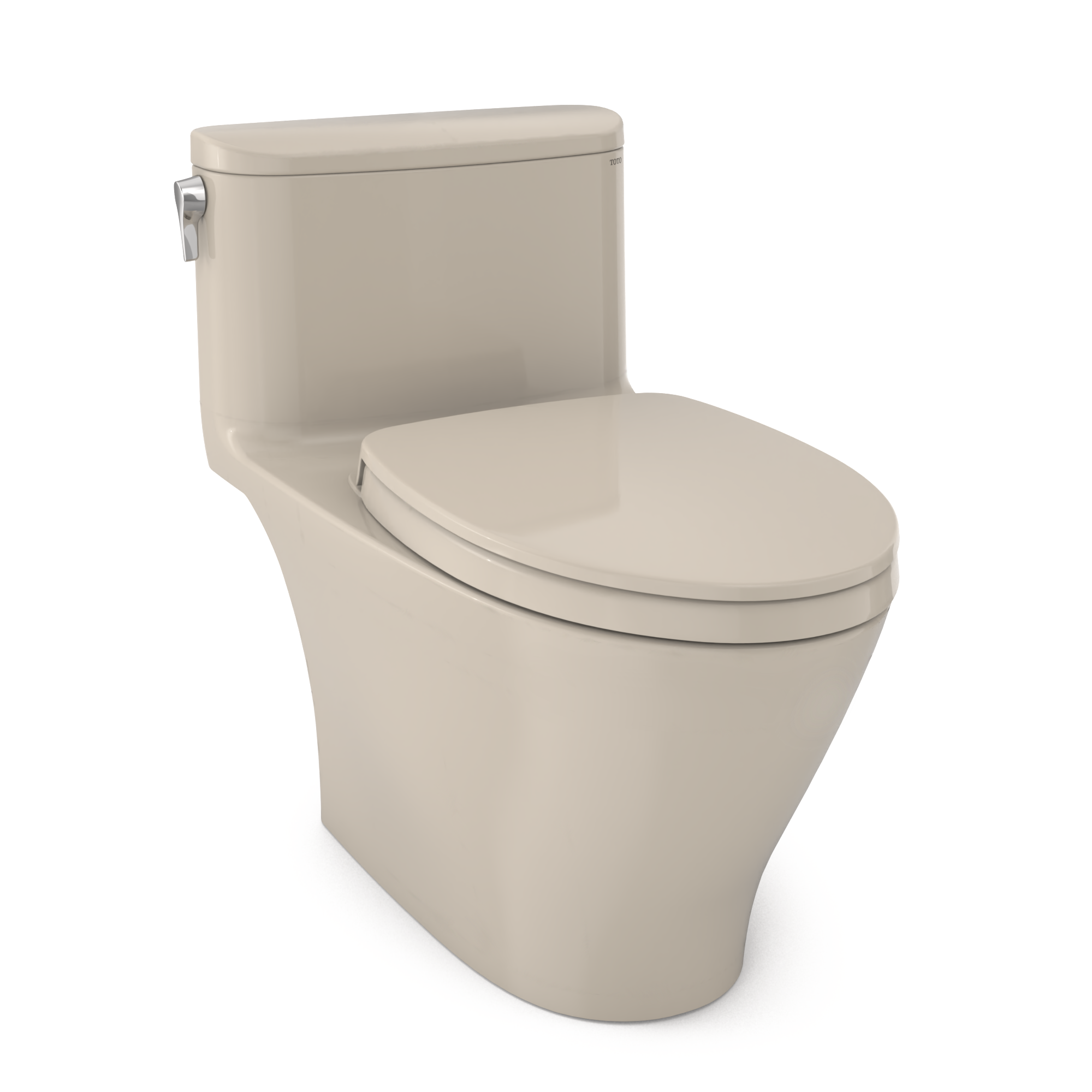 Bone-colored one-piece elongated toilet with soft-close seat and integrated tank, shown from angled front view.