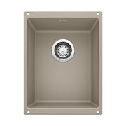 Truffle undermount kitchen sink with single basin and chrome drain strainer, viewed from above.