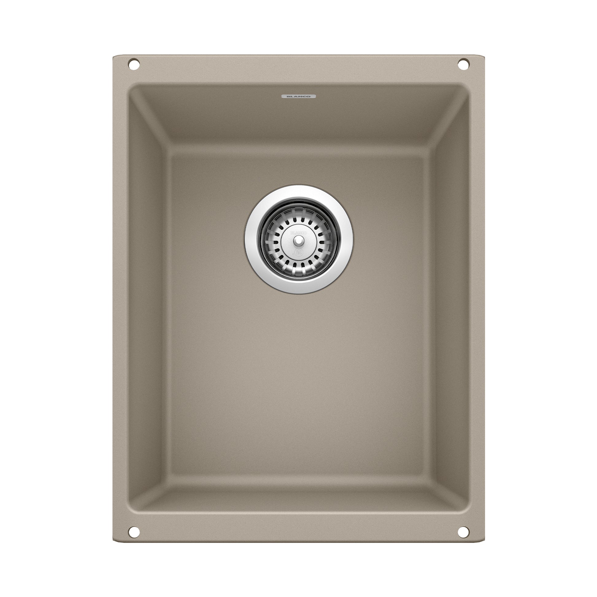 Truffle undermount kitchen sink with single basin and chrome drain strainer, viewed from above.