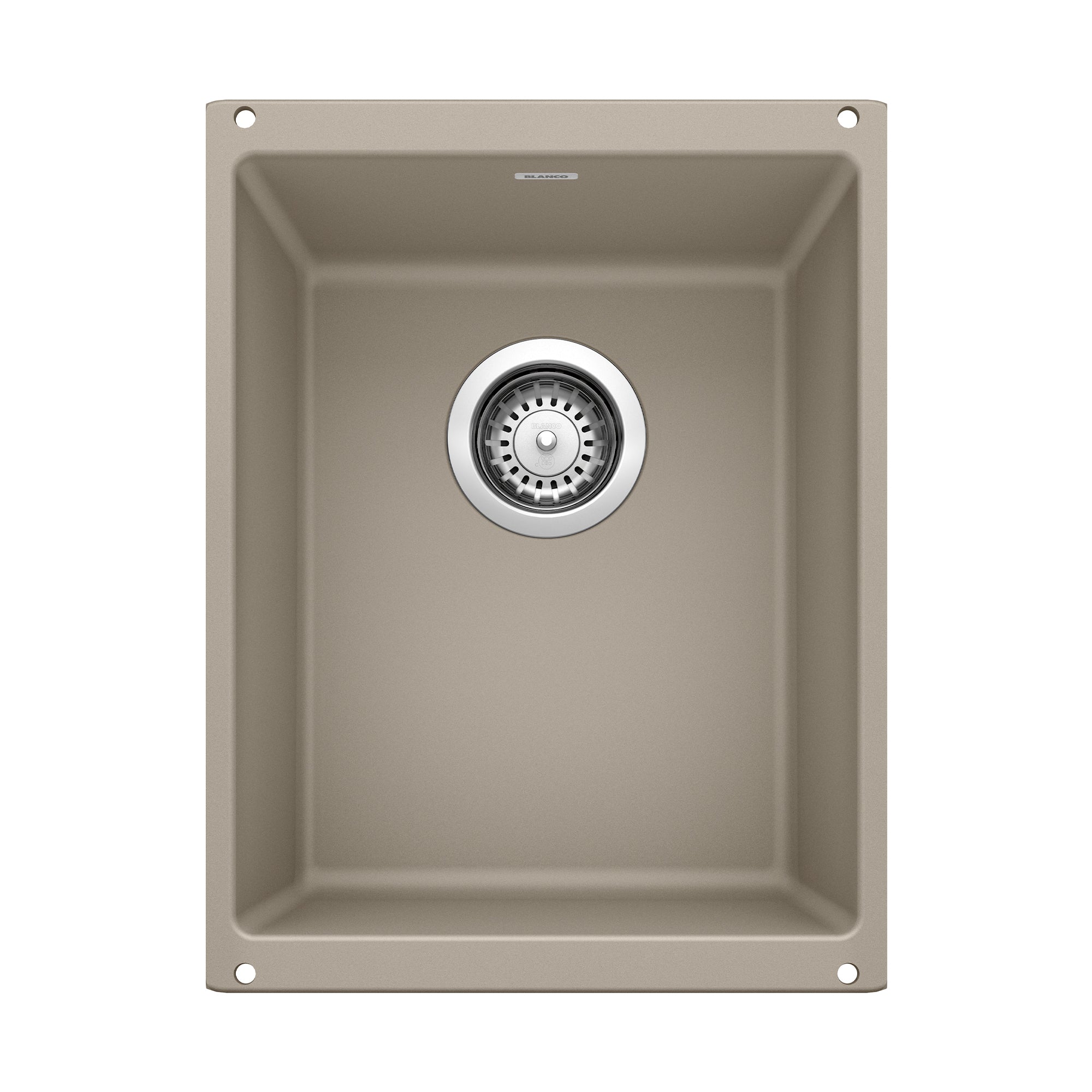 Truffle undermount kitchen sink with single basin and chrome drain strainer, viewed from above.