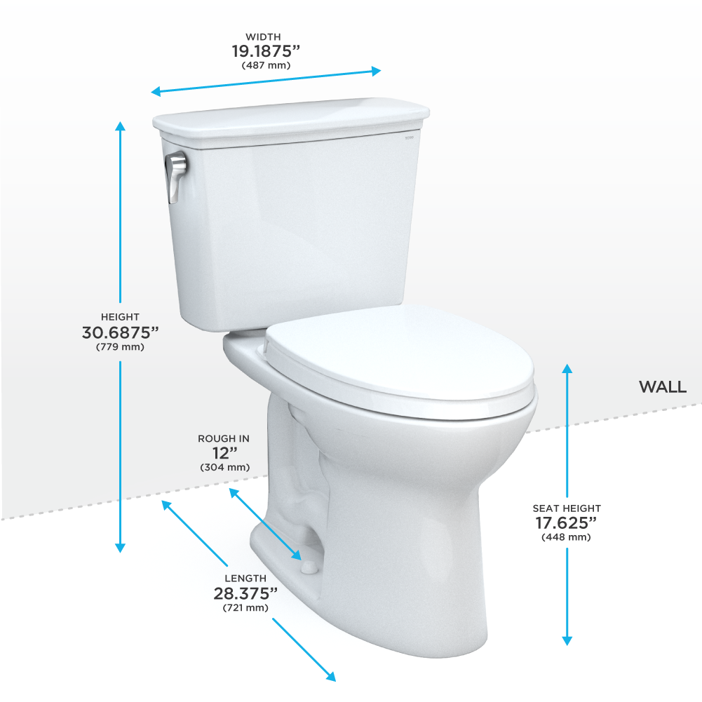 Cotton white two-piece elongated toilet with soft-close seat and dimension measurements labeled.