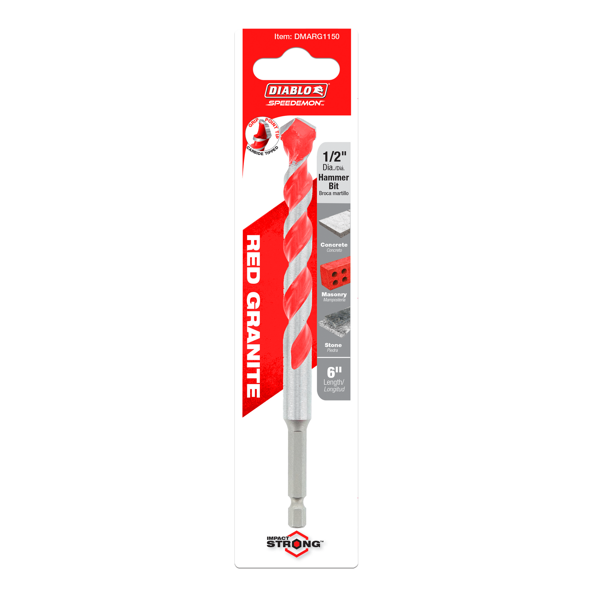 Red and gray 1/2 inch diameter carbide tipped hammer drill bit in packaging labeled Diablo SPEEDemon Red Granite.