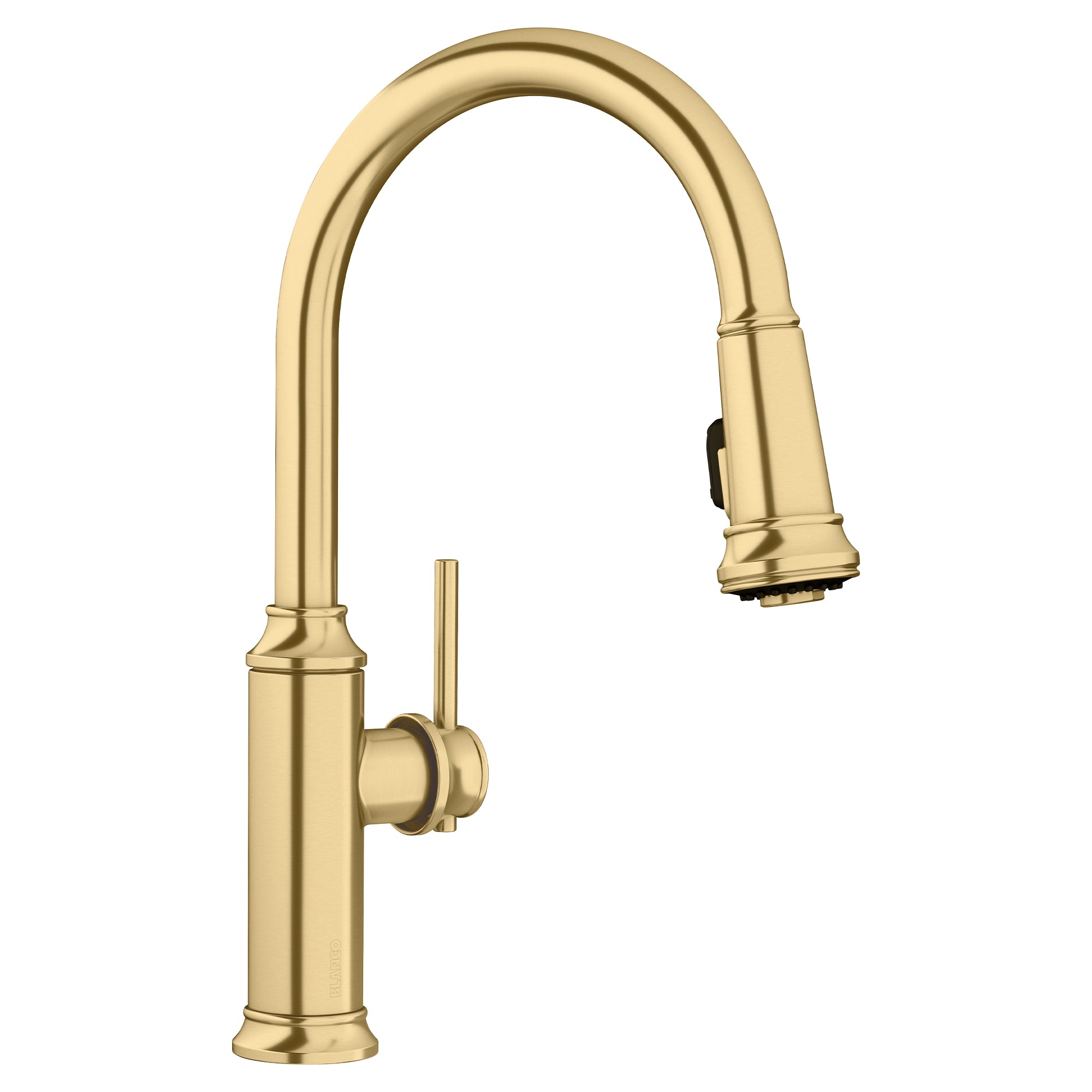 Satin gold pull-down kitchen faucet with high arched spout and single lever handle.