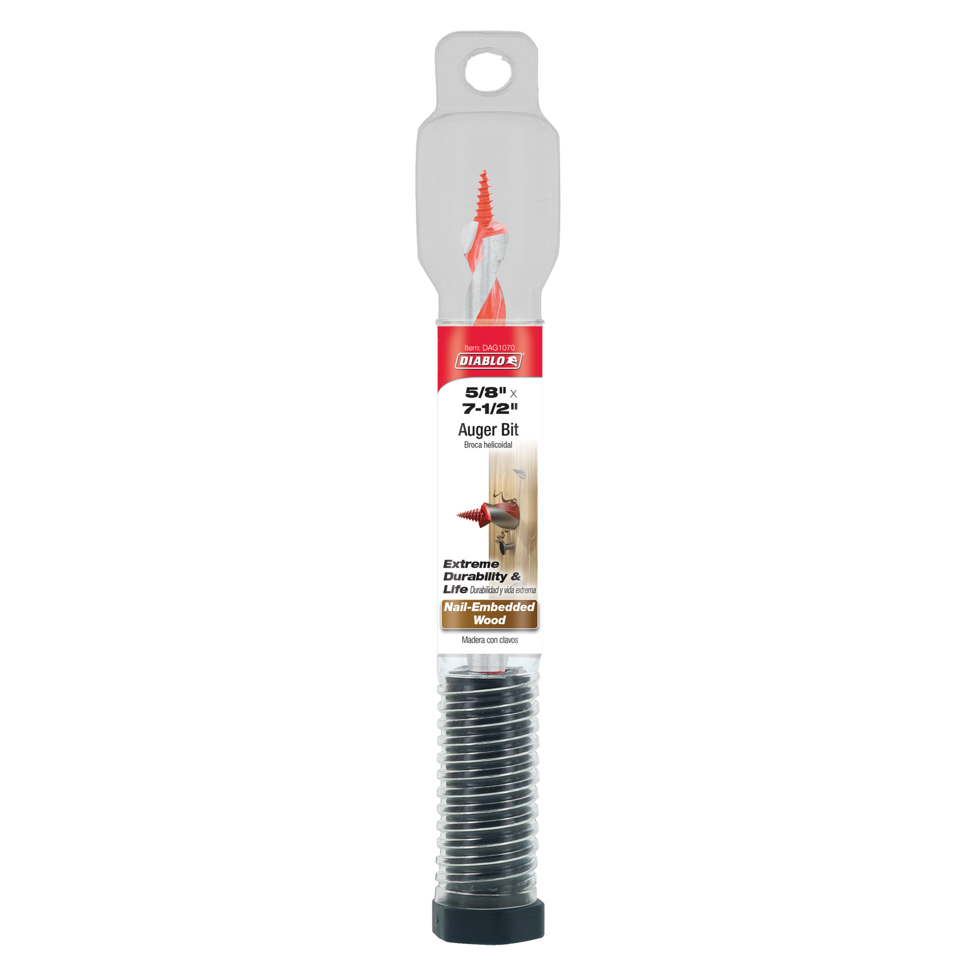 Diablo 5/8 inch by 7-1/2 inch auger bit with red spiral flutes and threaded shank in packaging.