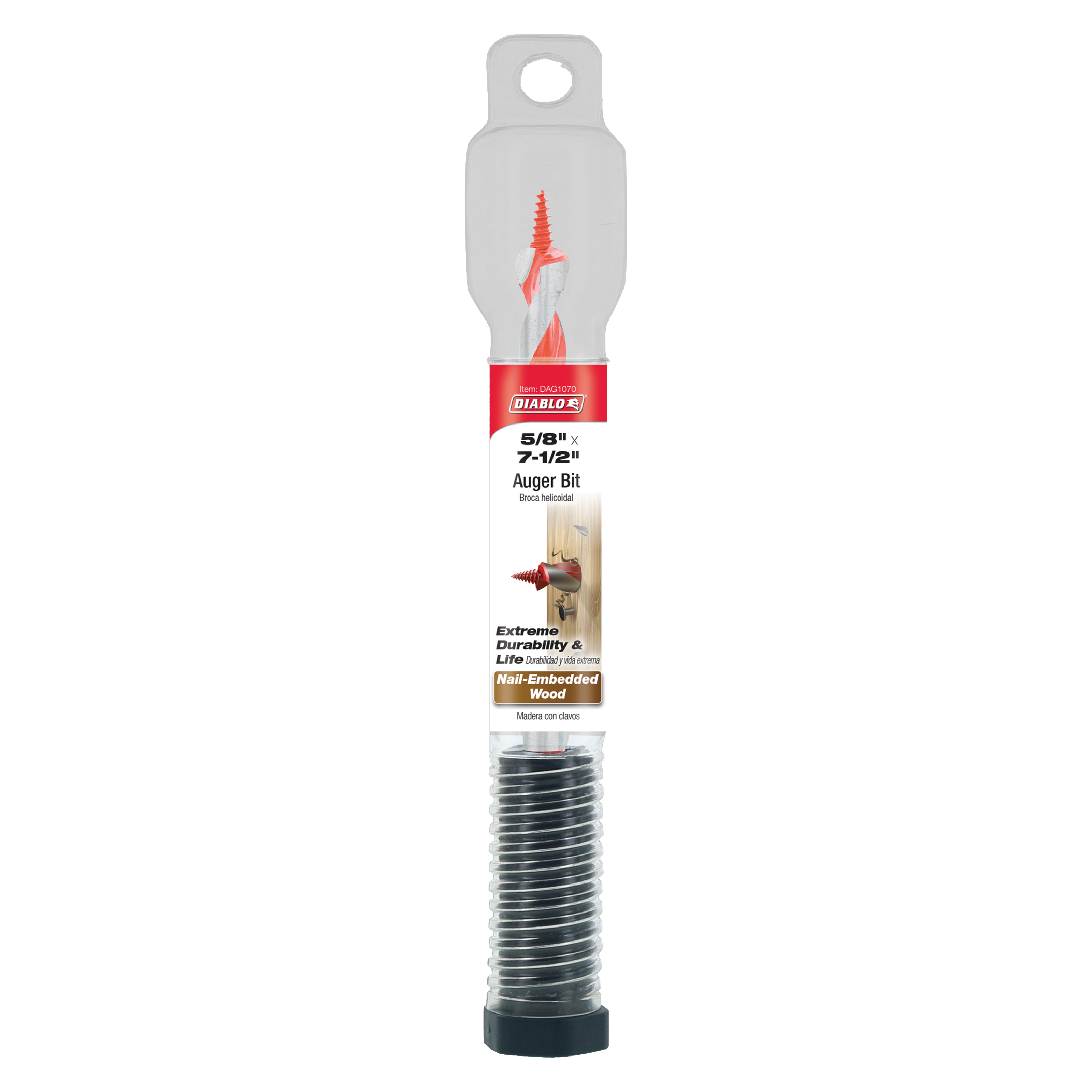 Diablo 5/8 inch by 7-1/2 inch auger bit with red spiral flutes and threaded shank in packaging.