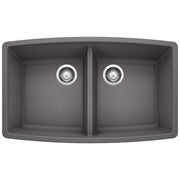 Dark gray double bowl undermount kitchen sink with two drain strainers and rounded edges.
