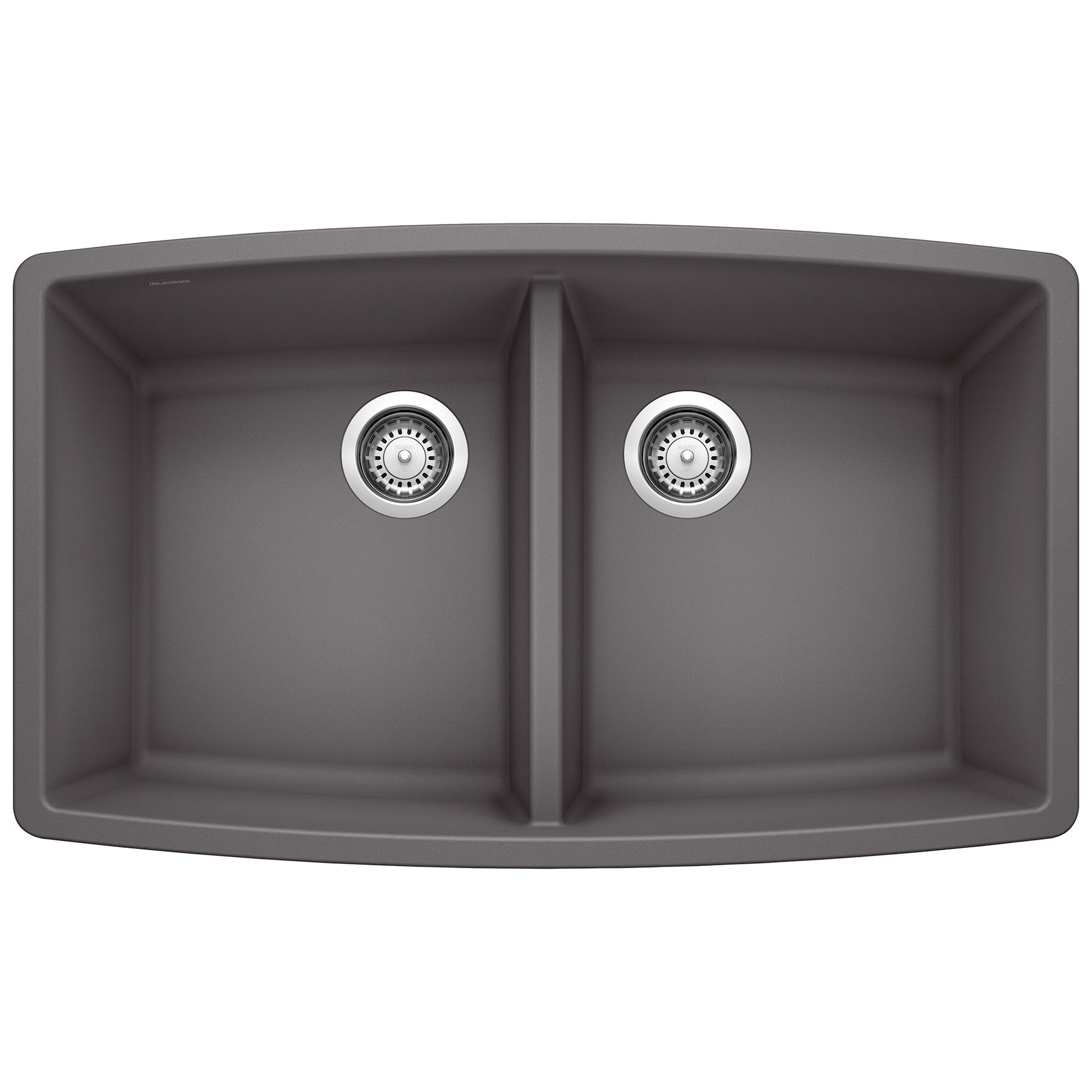 Dark gray double bowl undermount kitchen sink with two drain strainers and rounded edges.