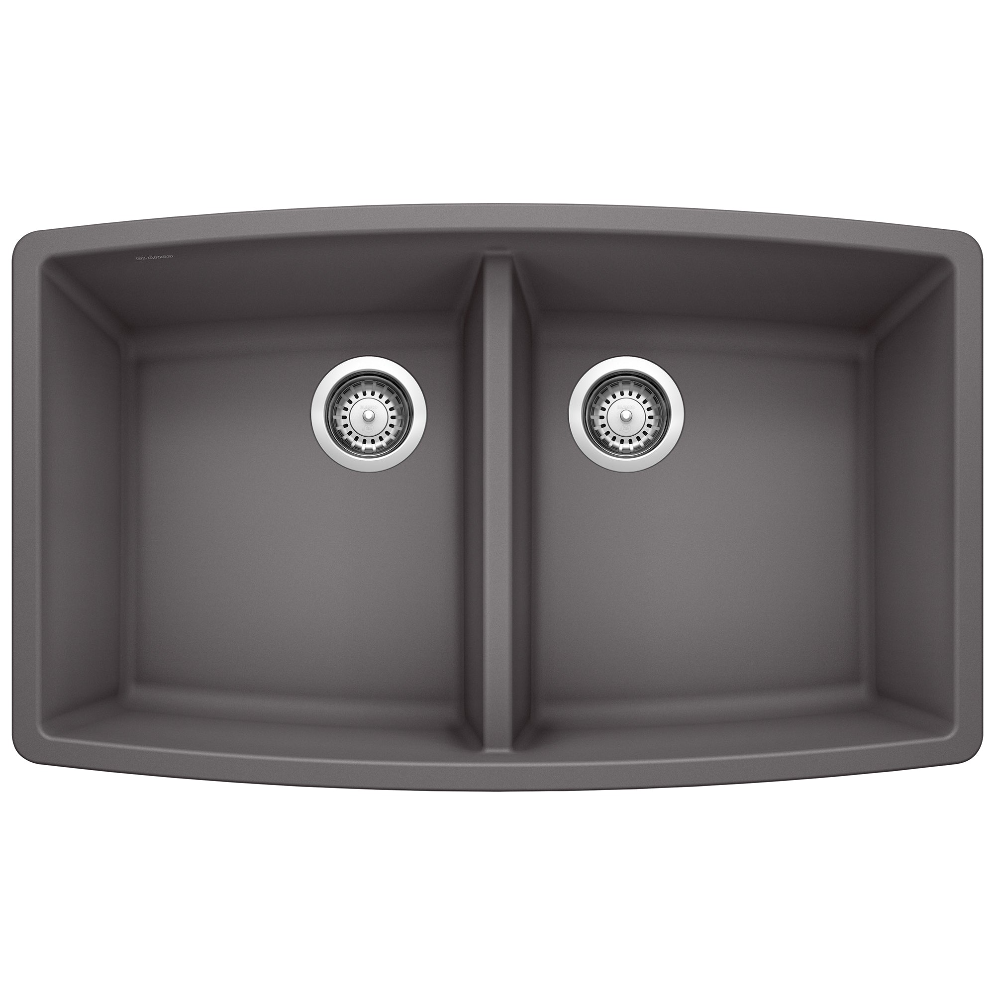 Dark gray double bowl undermount kitchen sink with two drain strainers and rounded edges.