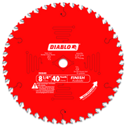 Red circular saw blade with 40 teeth and white center arbor hole, labeled Diablo D0840 8-1/4 inch finishing blade.