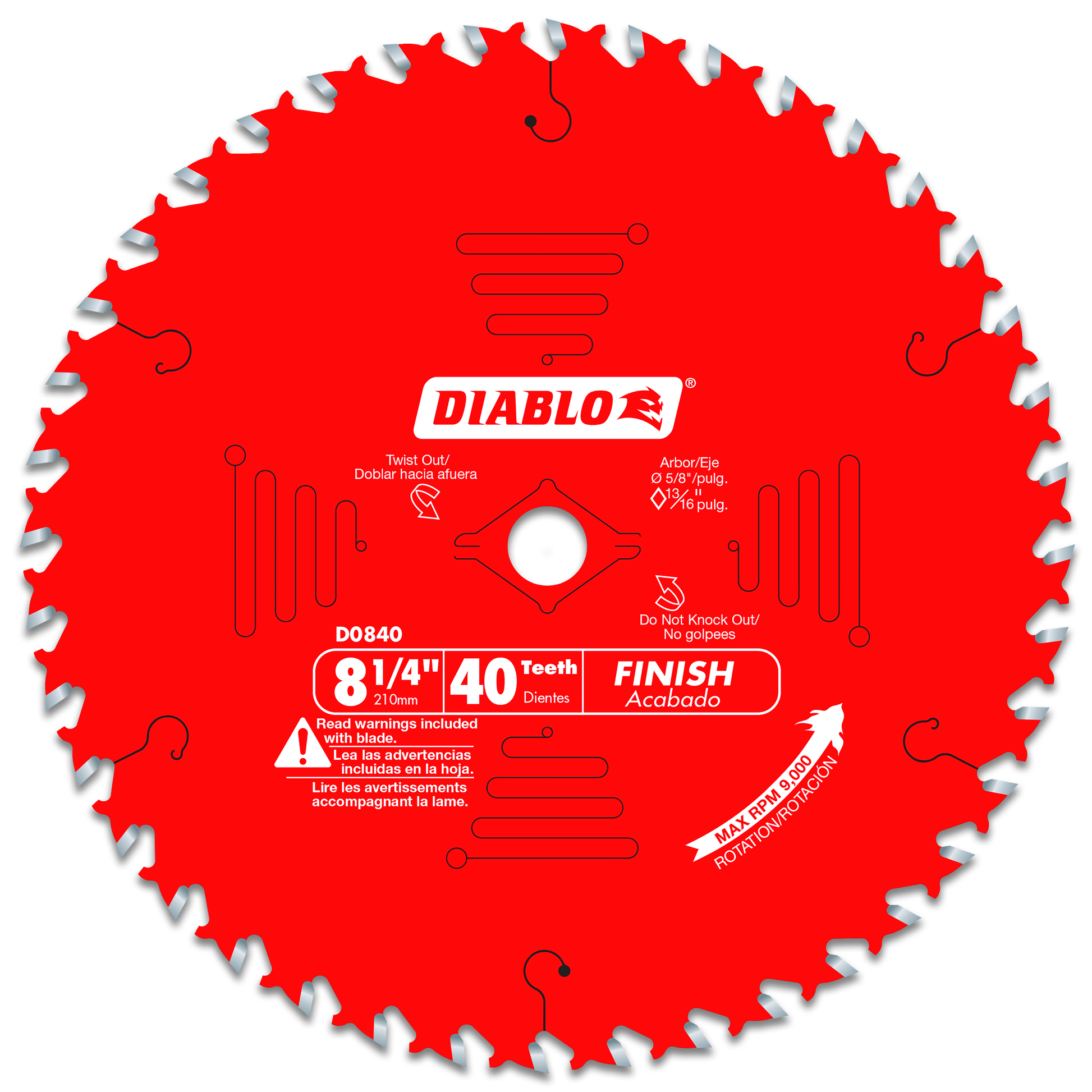 Red circular saw blade with 40 teeth and white center arbor hole, labeled Diablo D0840 8-1/4 inch finishing blade.