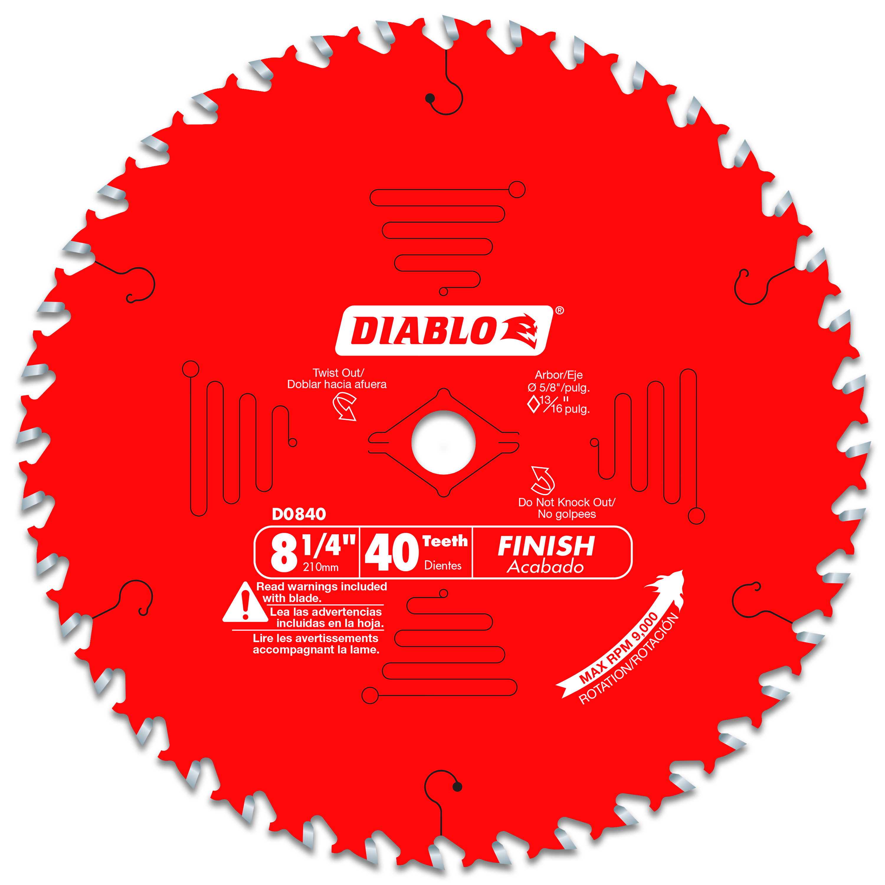 Red circular saw blade with 40 teeth and white center arbor hole, labeled Diablo D0840 8-1/4 inch finishing blade.