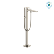 Brushed nickel free-standing tub filler with single handle, curved spout, and attached handshower with hose.