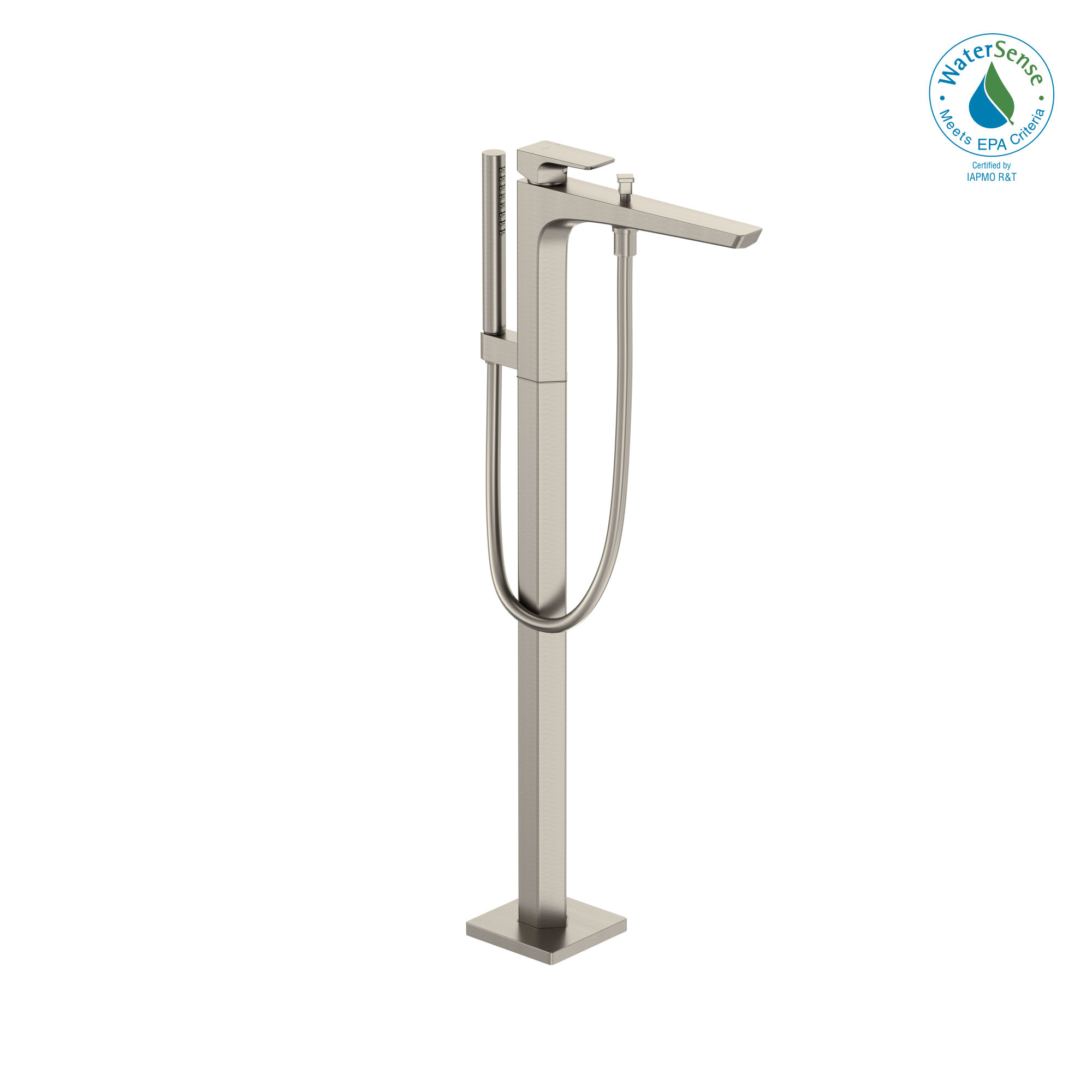 Brushed nickel free-standing tub filler with single handle, curved spout, and attached handshower with hose.
