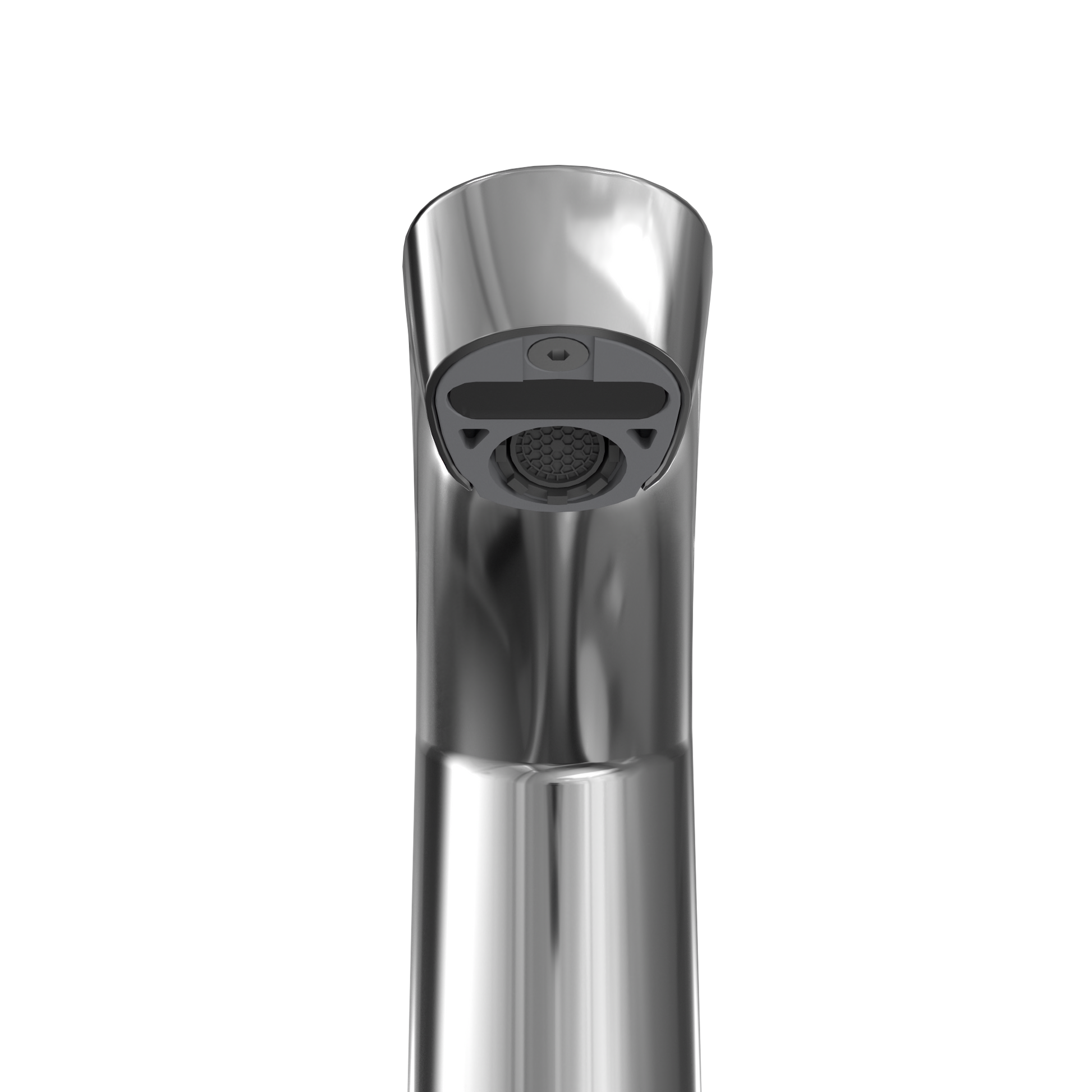 Polished chrome touchless bathroom faucet with sensor and aerator head.