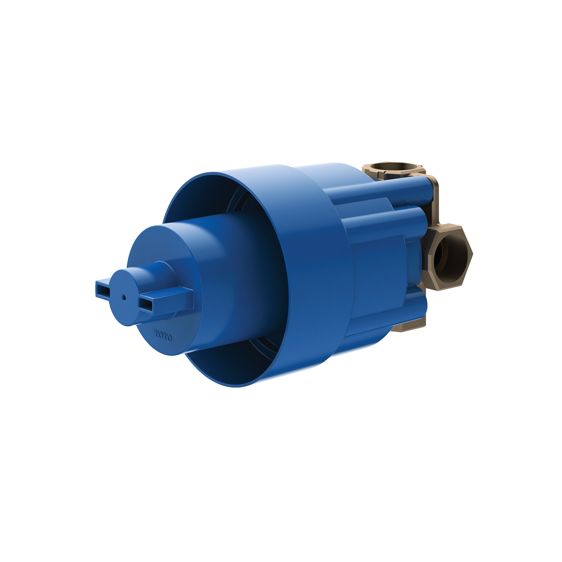 Polished chrome three-way diverter shower valve with blue internal cartridge and metal ports.