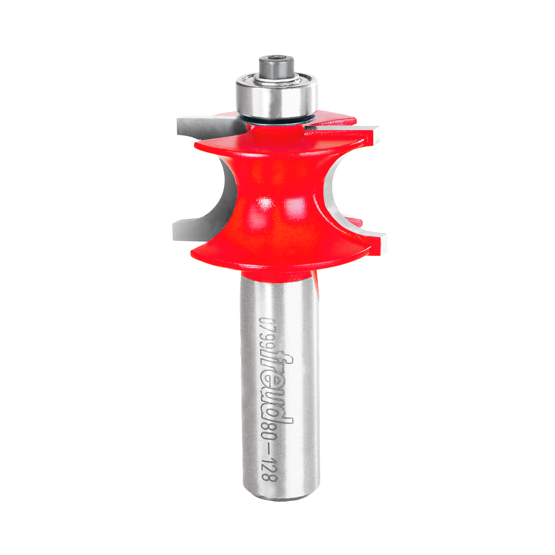 Red beading router bit with rounded cutting profile and silver metal shank and bearing assembly.
