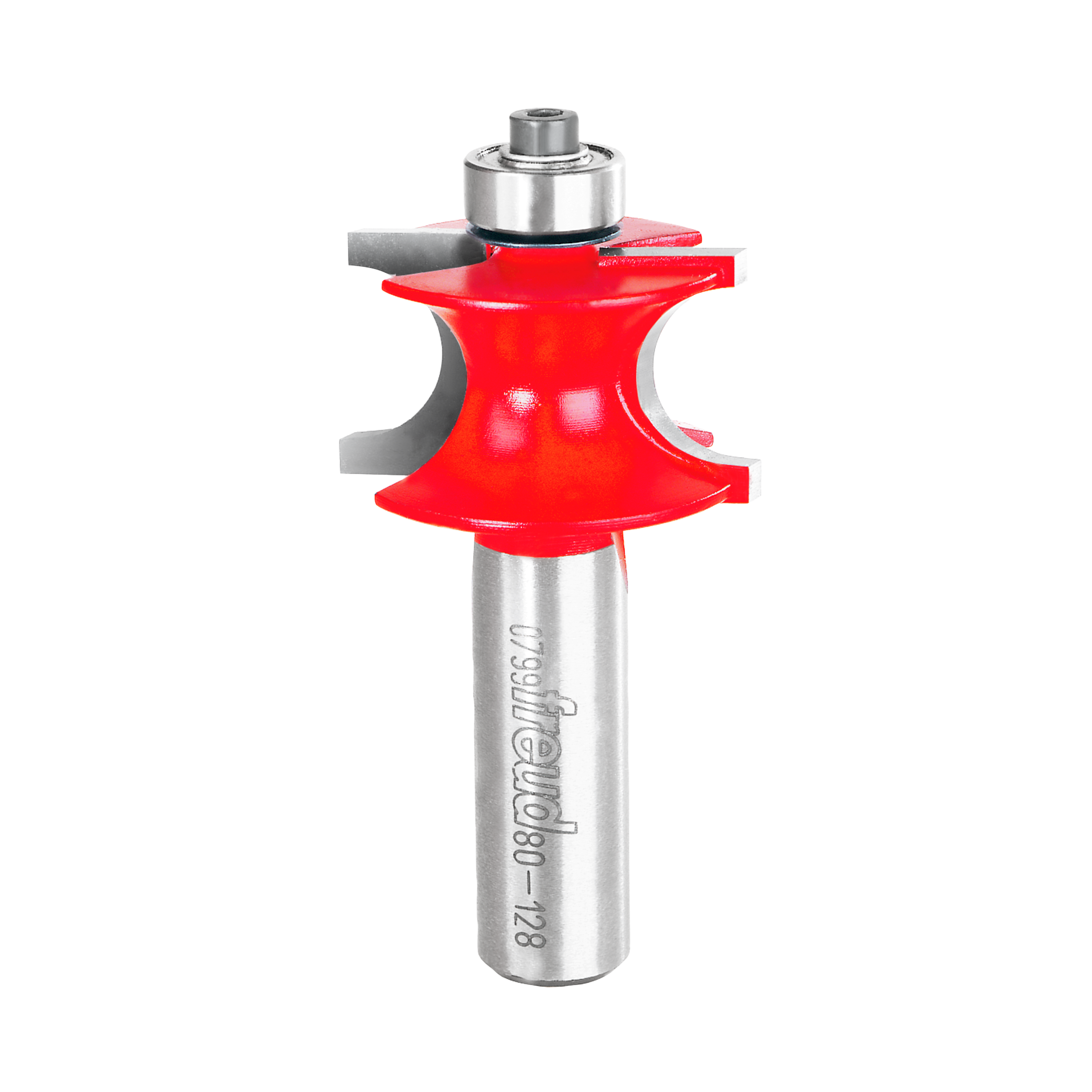 Red beading router bit with rounded cutting profile and silver metal shank and bearing assembly.