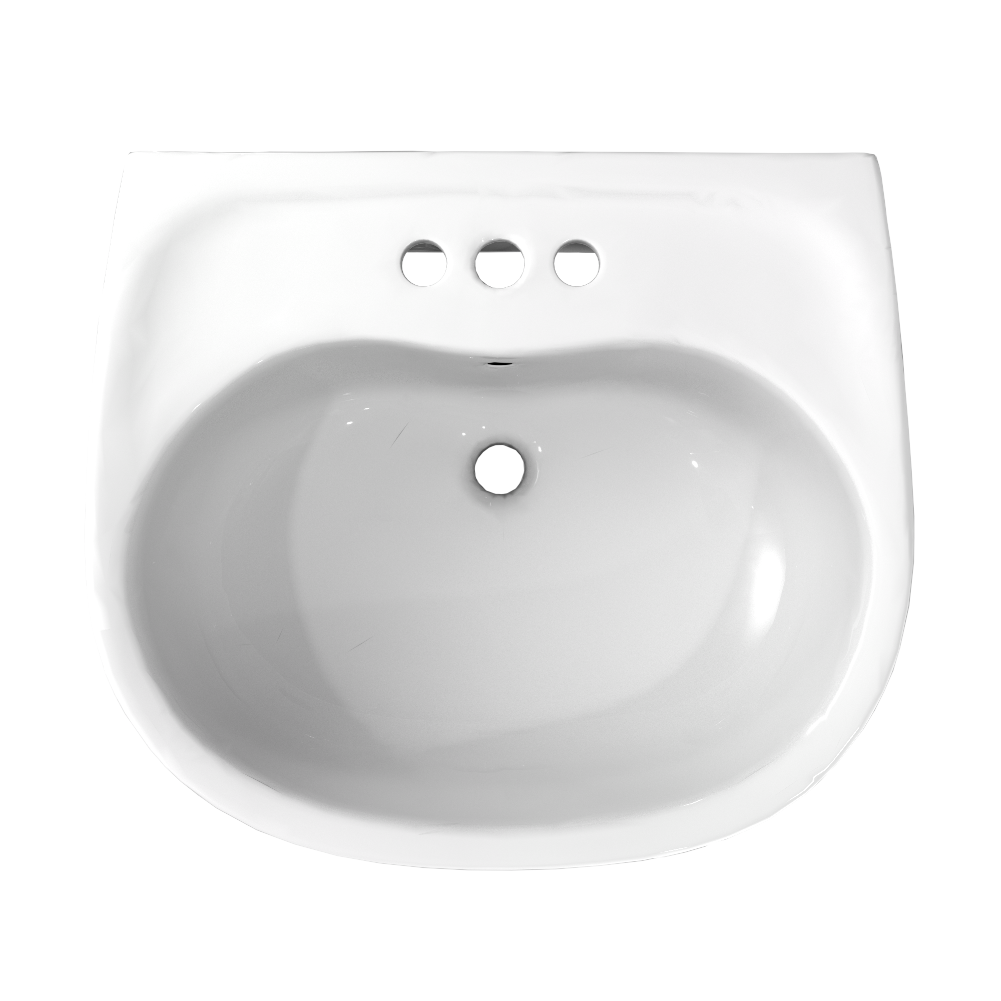 White oval pedestal sink with three faucet holes and single drain hole, front view.
