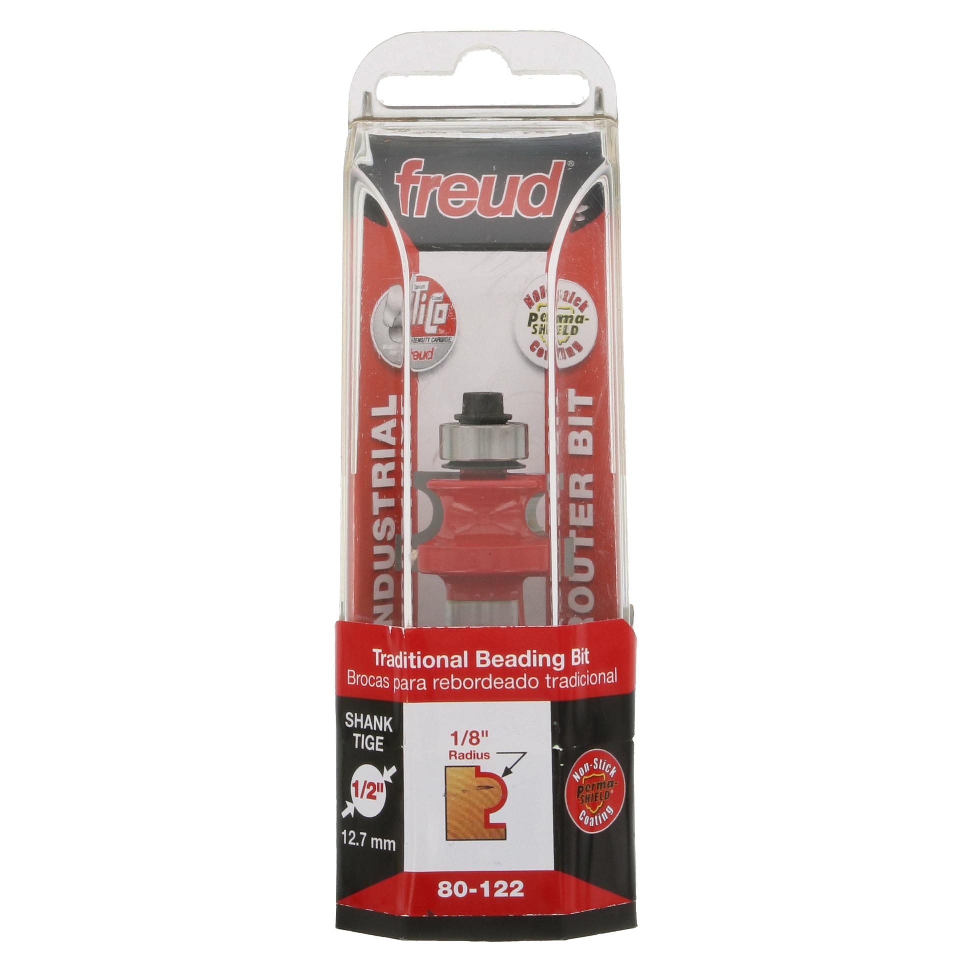 Freud 80-122 traditional beading bit with 1/8" radius in red and metal packaging with 1/2" shank.