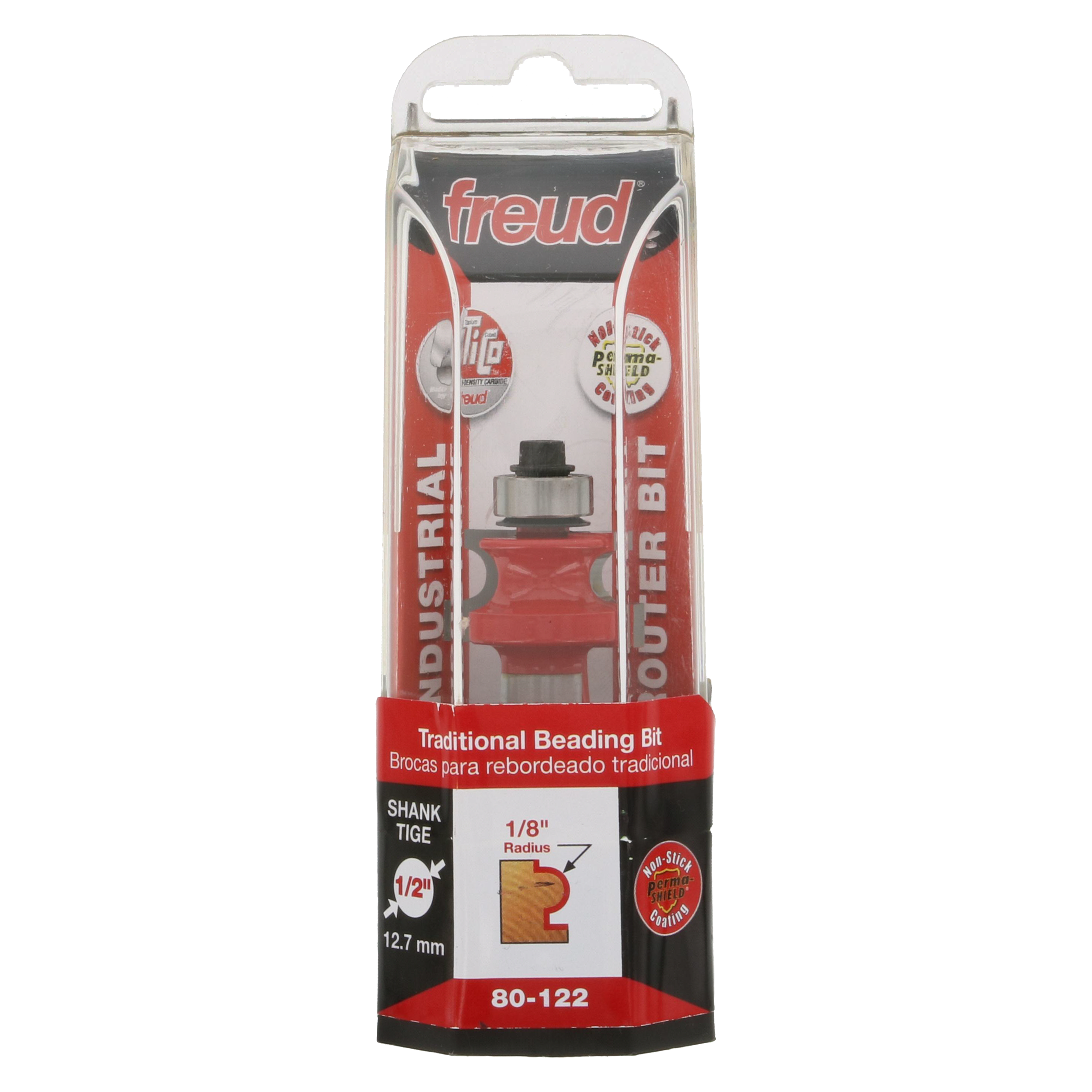Freud 80-122 traditional beading bit with 1/8" radius in red and metal packaging with 1/2" shank.