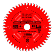 Red circular saw blade with 43 teeth and gray-tipped teeth around the edge, labeled "freud INDUSTRIAL" for laminate and lamin