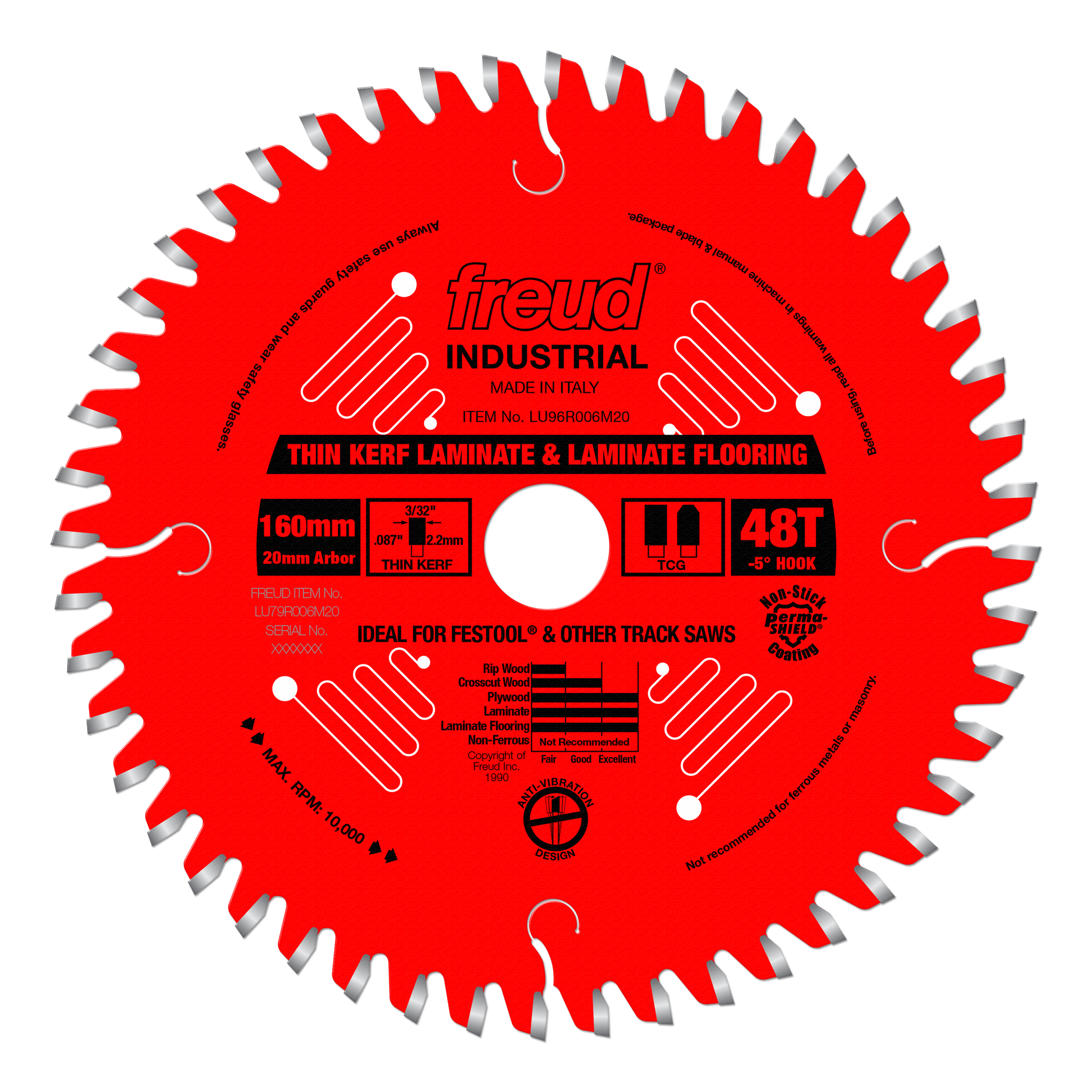 Red circular saw blade with 43 teeth and gray-tipped teeth around the edge, labeled "freud INDUSTRIAL" for laminate and lamin