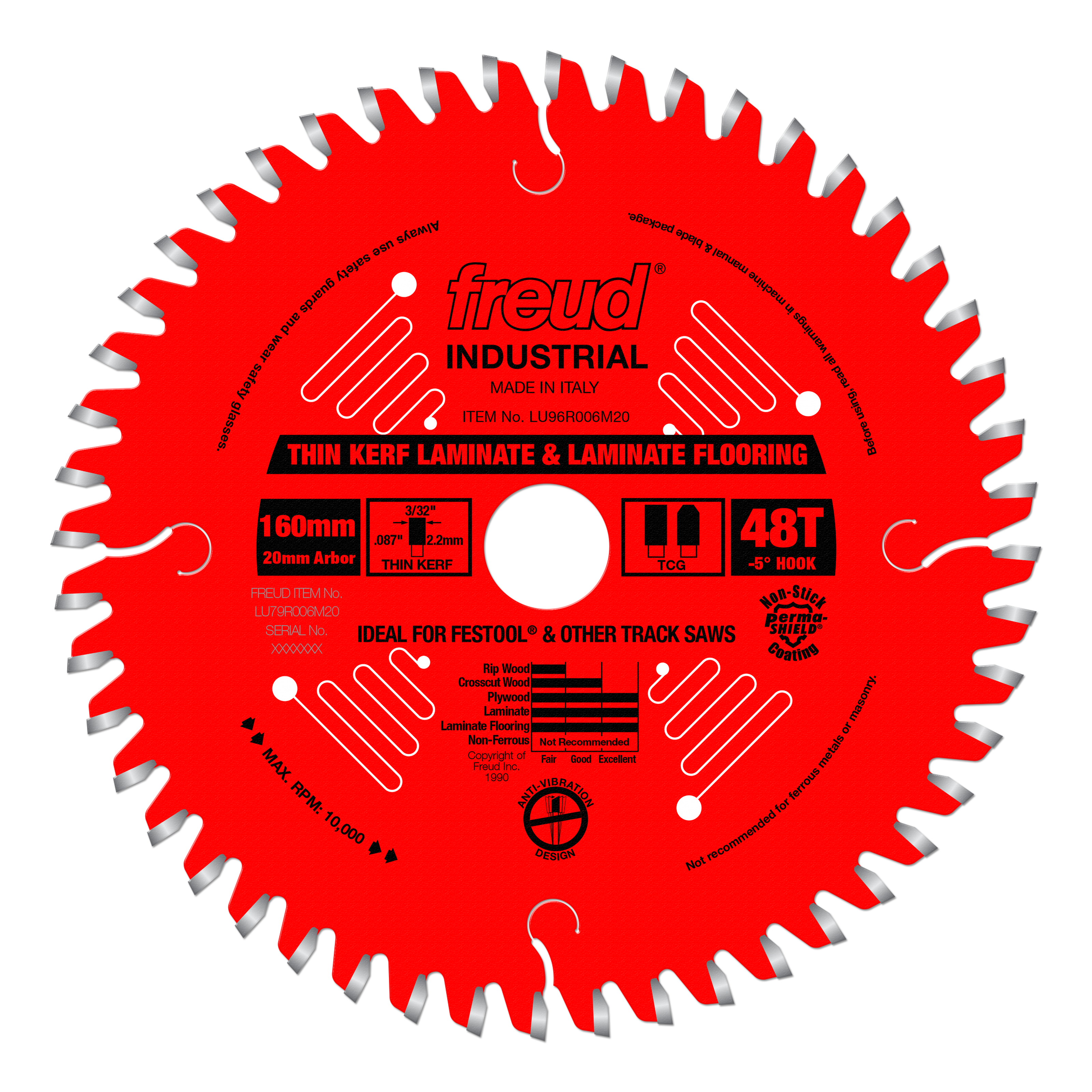 Red circular saw blade with 43 teeth and gray-tipped teeth around the edge, labeled "freud INDUSTRIAL" for laminate and lamin