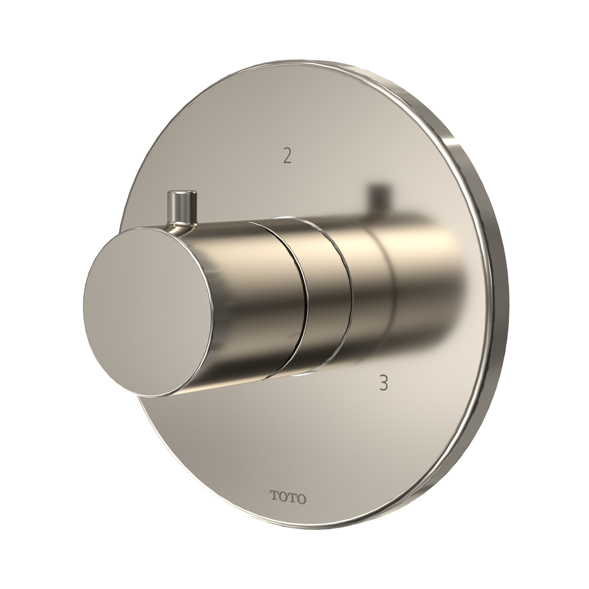 Polished nickel round shower diverter valve with cylindrical handle and numbered ports on circular trim plate.