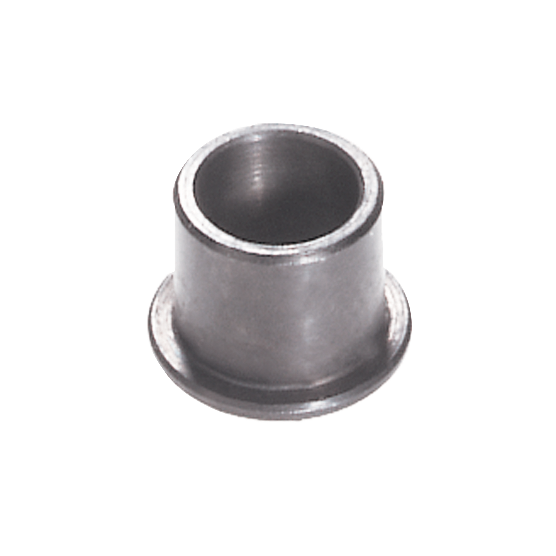 Metal flange bushing with cylindrical body, flanged base, and hollow center opening.