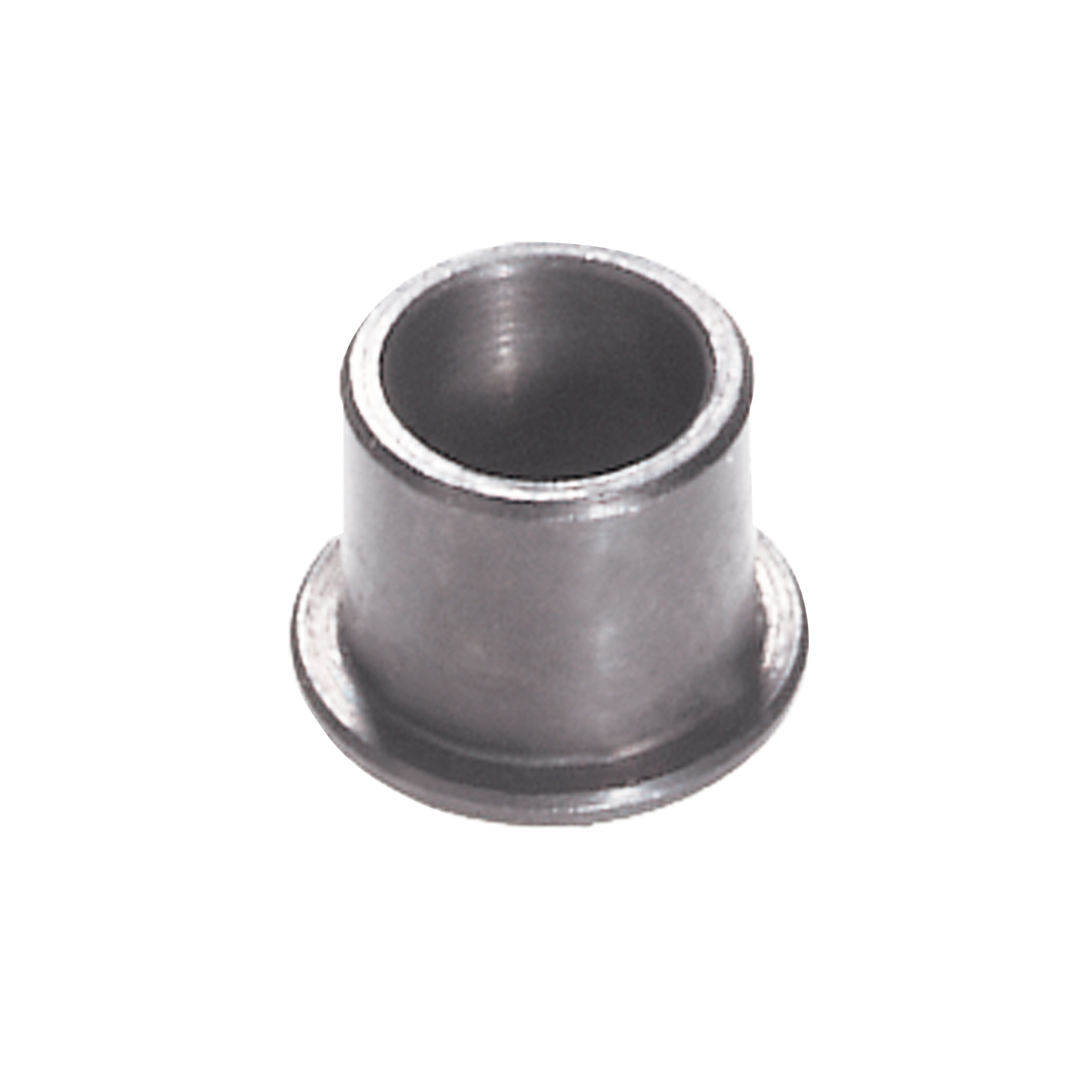 Metal flange bushing with cylindrical body, flanged base, and hollow center opening.