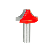 Red ovolo router bit with metal shank and curved cutting head for rounded edge profiling.