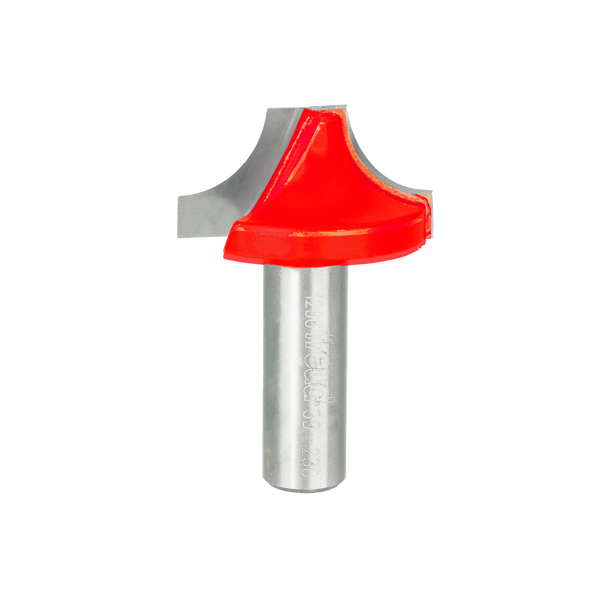 Red ovolo router bit with metal shank and curved cutting head for rounded edge profiling.
