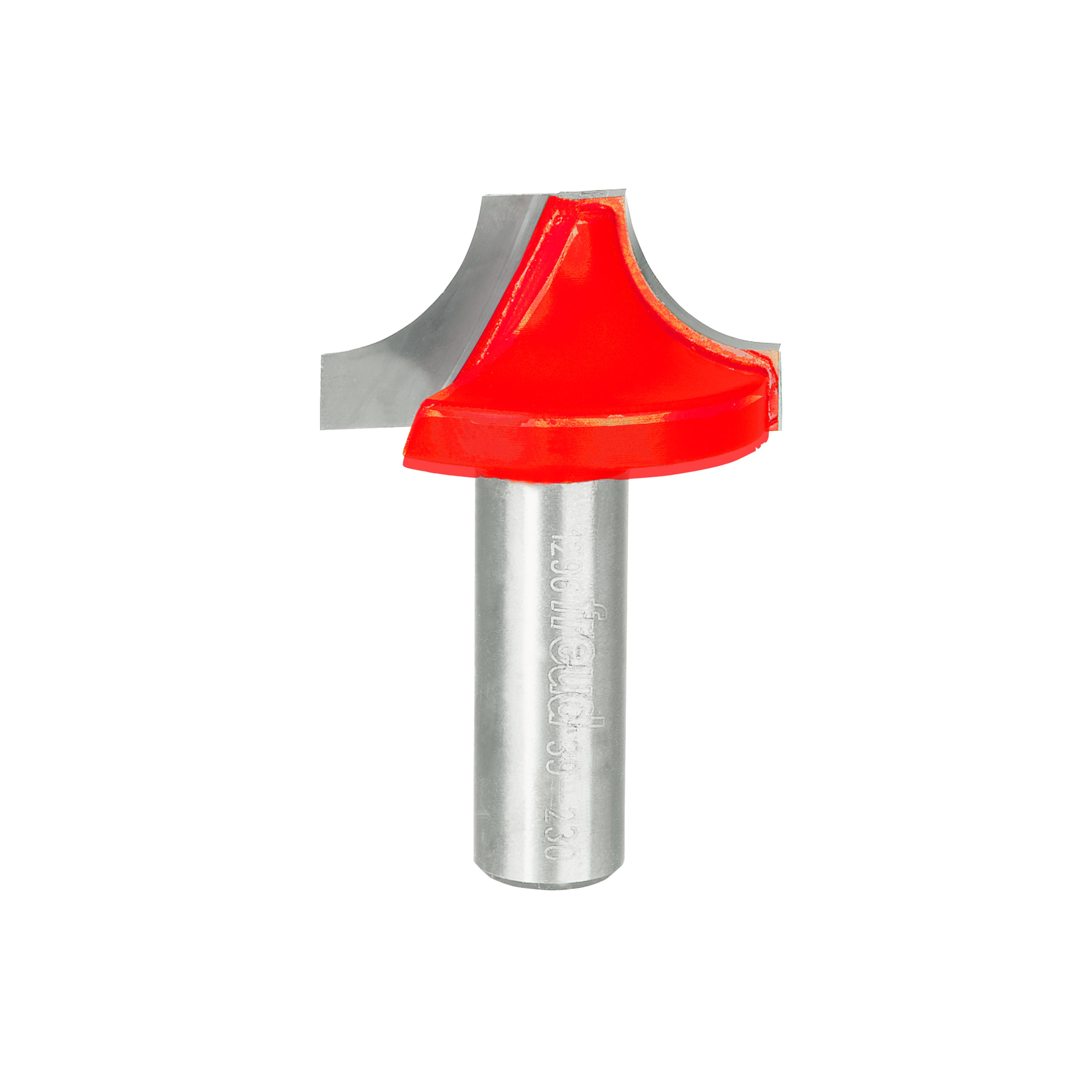 Red ovolo router bit with metal shank and curved cutting head for rounded edge profiling.