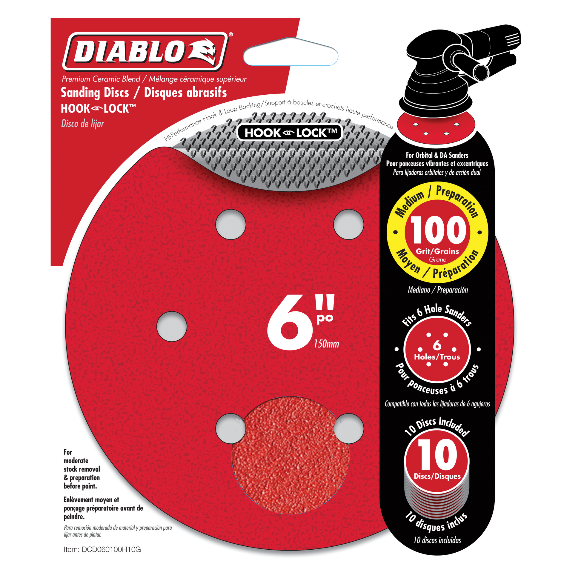 Red 6-inch sanding discs with hook-and-loop backing, 100 grit, 6 holes, 10-pack shown with packaging.
