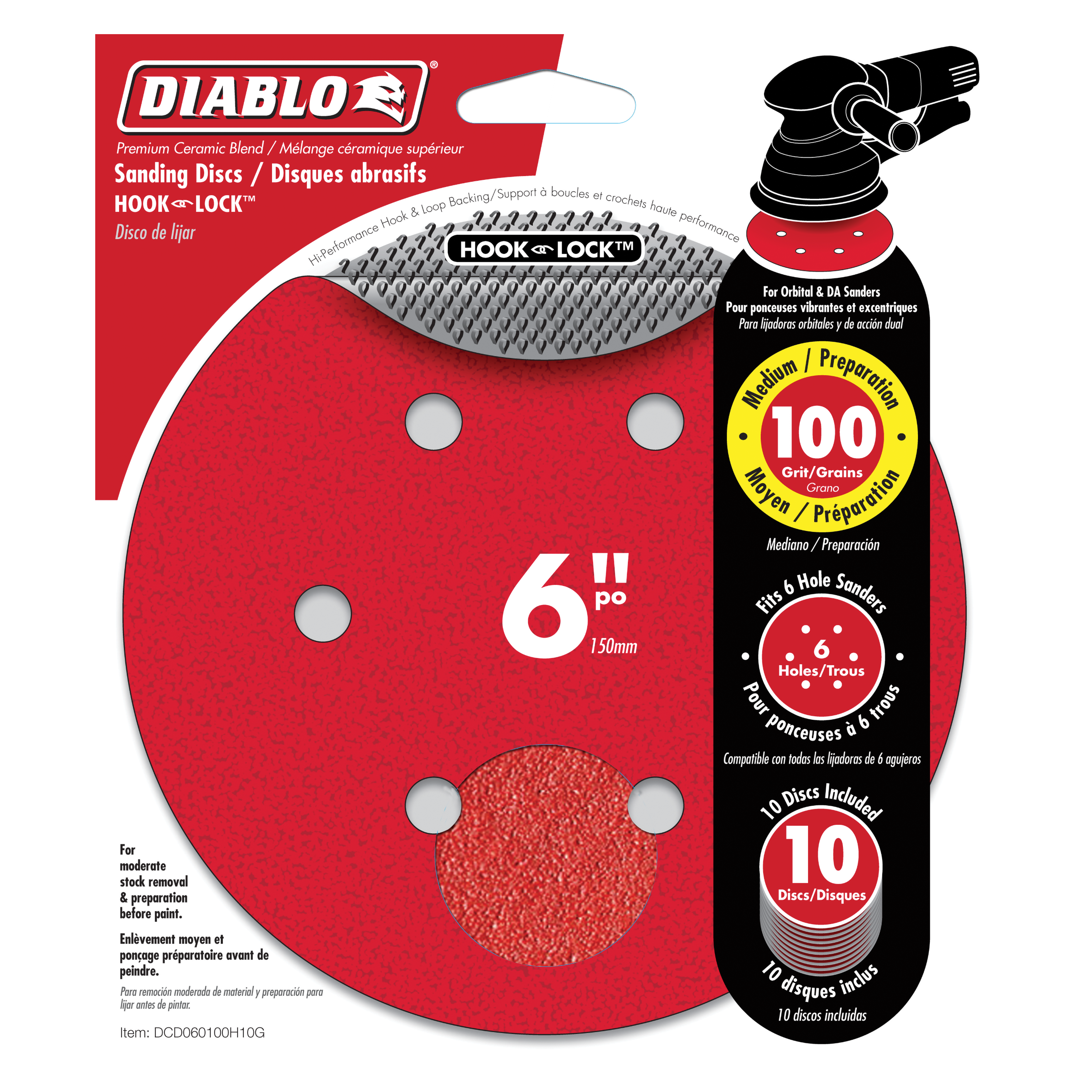 Red 6-inch sanding discs with hook-and-loop backing, 100 grit, 6 holes, 10-pack shown with packaging.