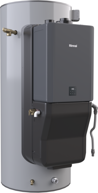 Rinnai hybrid water heater system with gray cylindrical storage tank and black heating unit mounted on front.