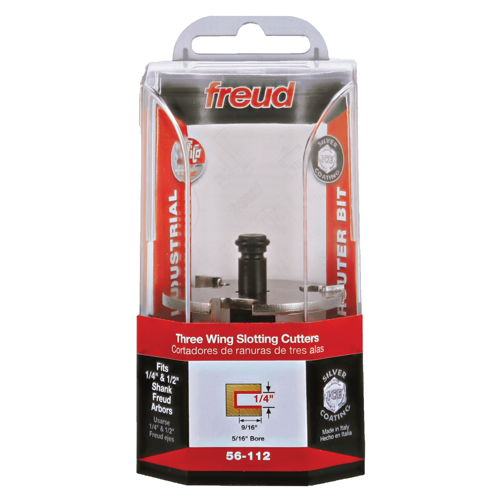 Freud 56-112 three wing slotting cutter with black body and silver cutting head in clear plastic retail packaging.