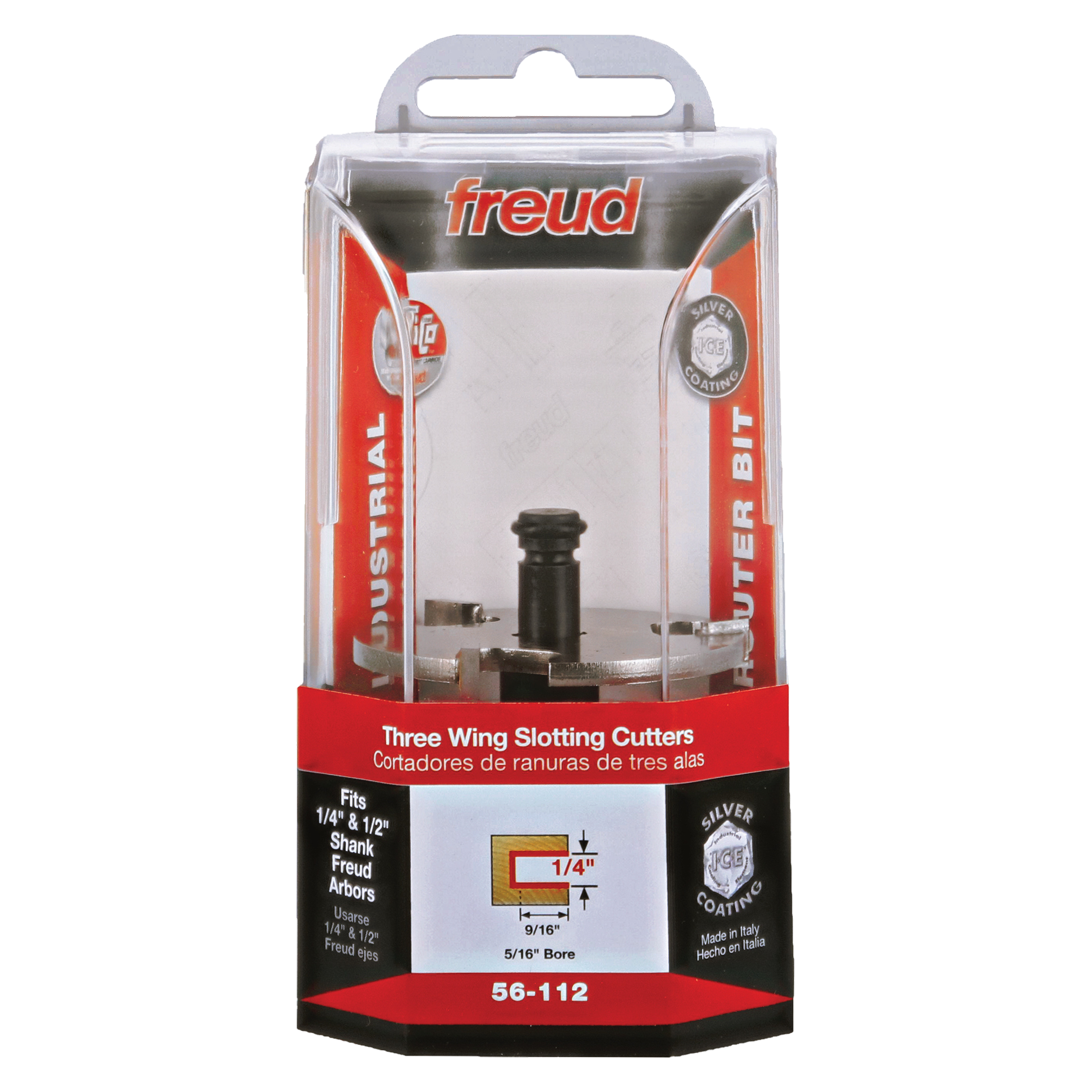 Freud 56-112 three wing slotting cutter with black body and silver cutting head in clear plastic retail packaging.