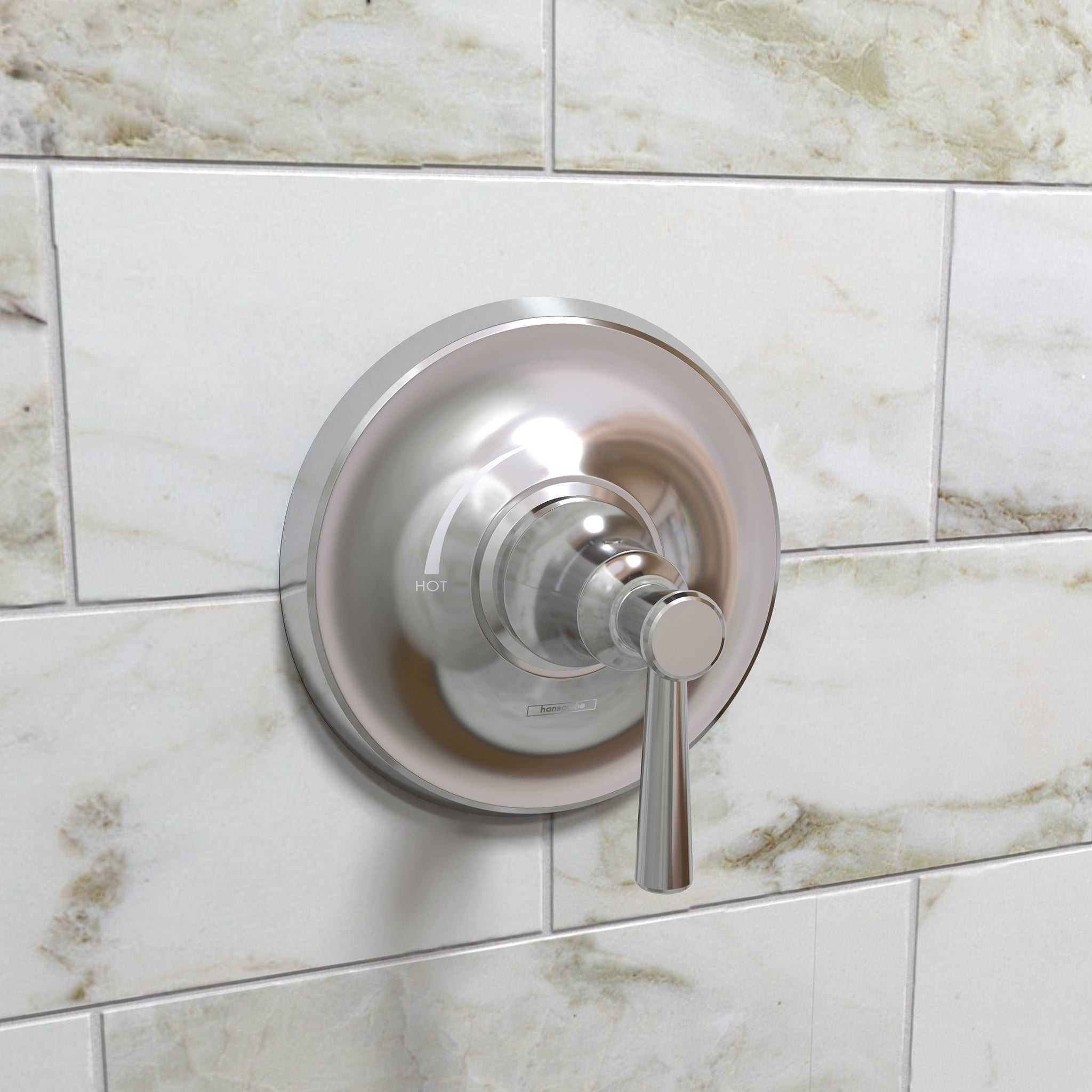 Chrome pressure balance shower trim with circular escutcheon and single lever handle mounted on marble tile.