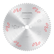 Circular saw blade with 350mm diameter, silver-grey finish, red wavy markings around edge, center hole, and teeth around peri