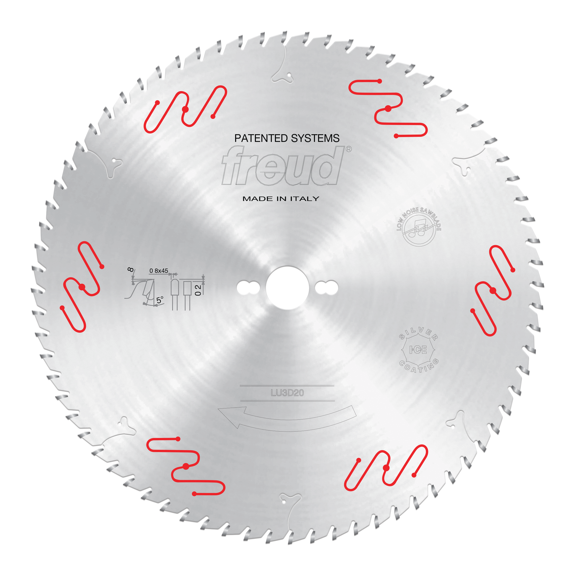 Circular saw blade with 350mm diameter, silver-grey finish, red wavy markings around edge, center hole, and teeth around peri